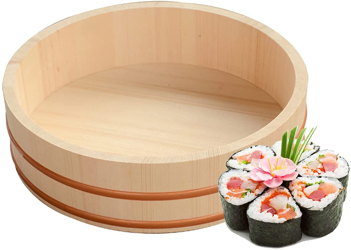 Premium Extra Large Wooden Hangiri Sushi Rice Mixing Bowl - 12 Sizes Available with Copper Bands (27cm/10.6in) - Perfect for Sushi Restaurants, Home Kitchens & Japanese Cuisine Preparation