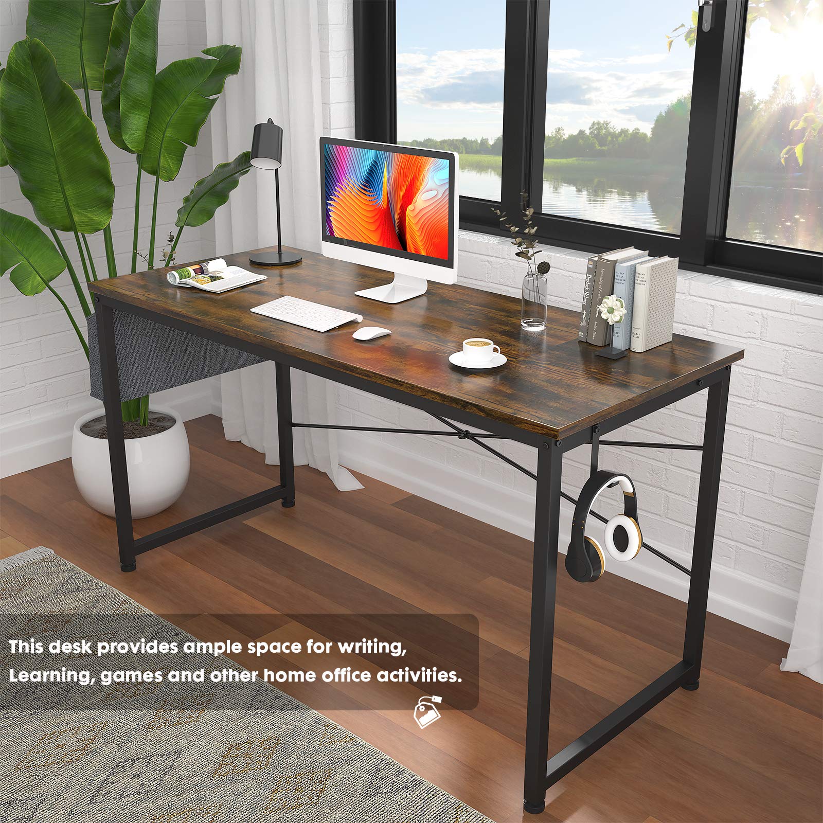 HomVent 47 Inch Modern Computer Desk - Home Office Writing Study Table with Storage Bag, Waterproof & Durable (Brown) - Perfect for Small Spaces, Work from Home, Online Classes & Gaming Setup