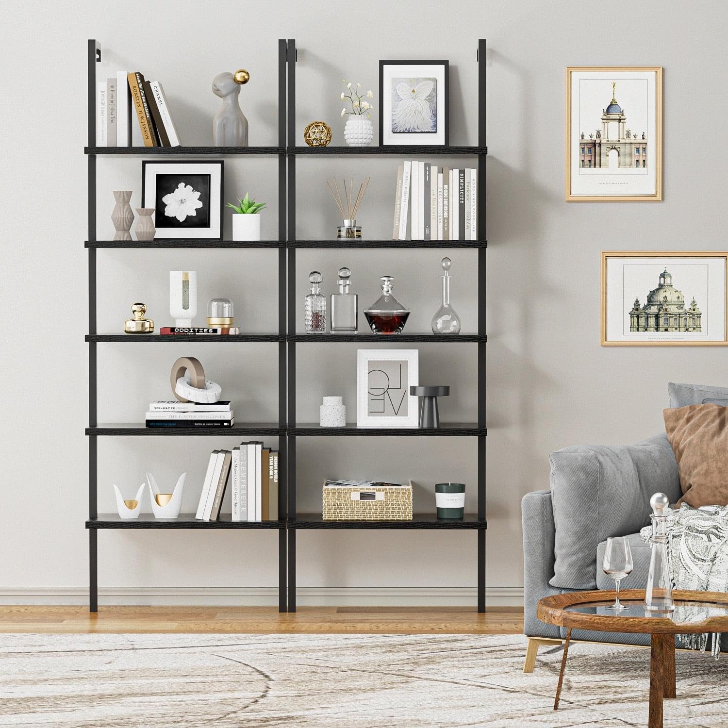 5-Tier Metal Ladder Shelf - Wood Wall Mounted Bookcase & Open Display Organizer for Living Room, Office, Hallway - Space Saving Storage Solution for Books, Decor & Essentials (Black)