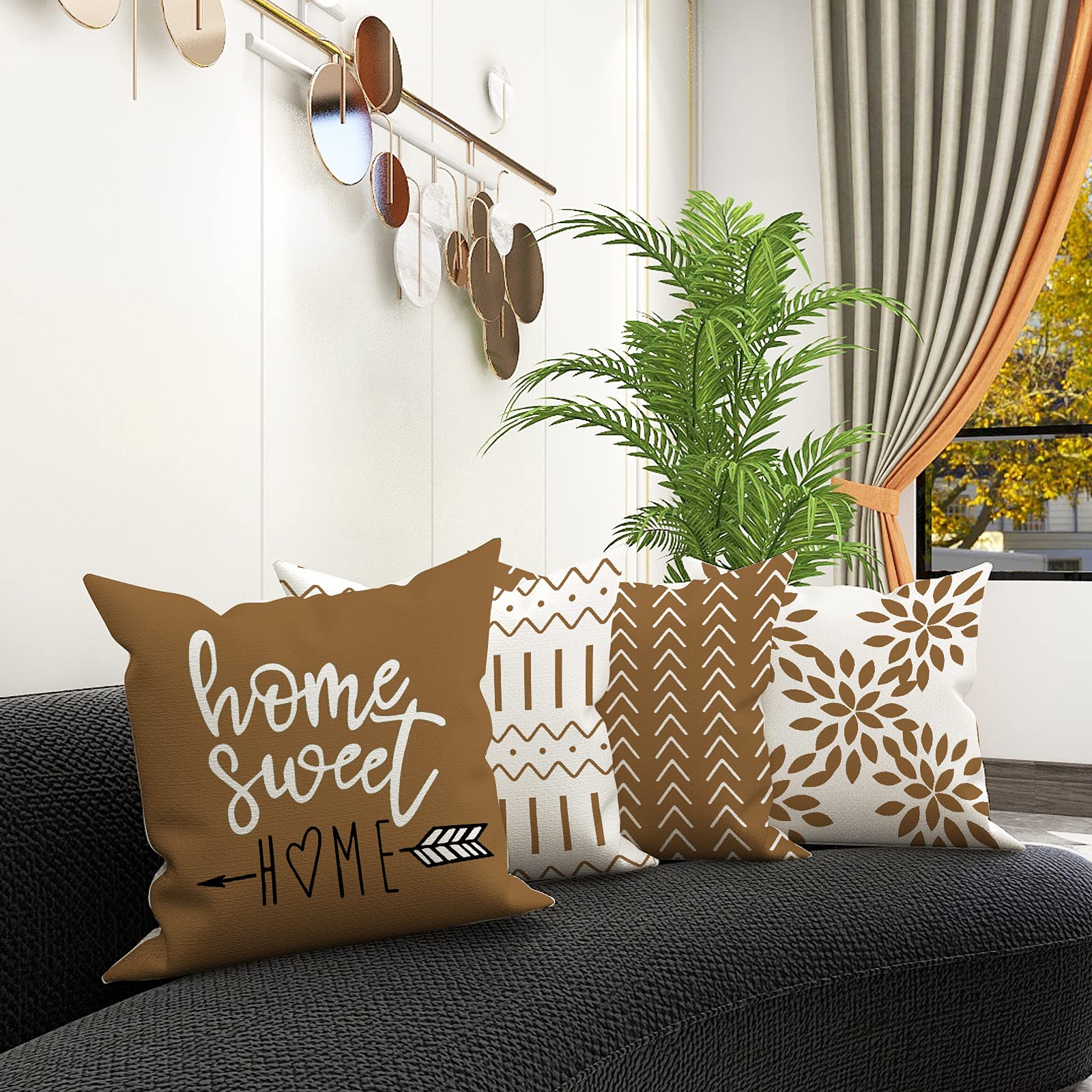 YCOLL 20x20 Inch Pillow Covers Set of 4 - Modern Linen Fabric Throw Pillow Cases for Sofa, Couch, Bed & Car - Light Brown Decorative Outdoor Pillow Covers - Perfect for Living Room, Patio & Home Decor