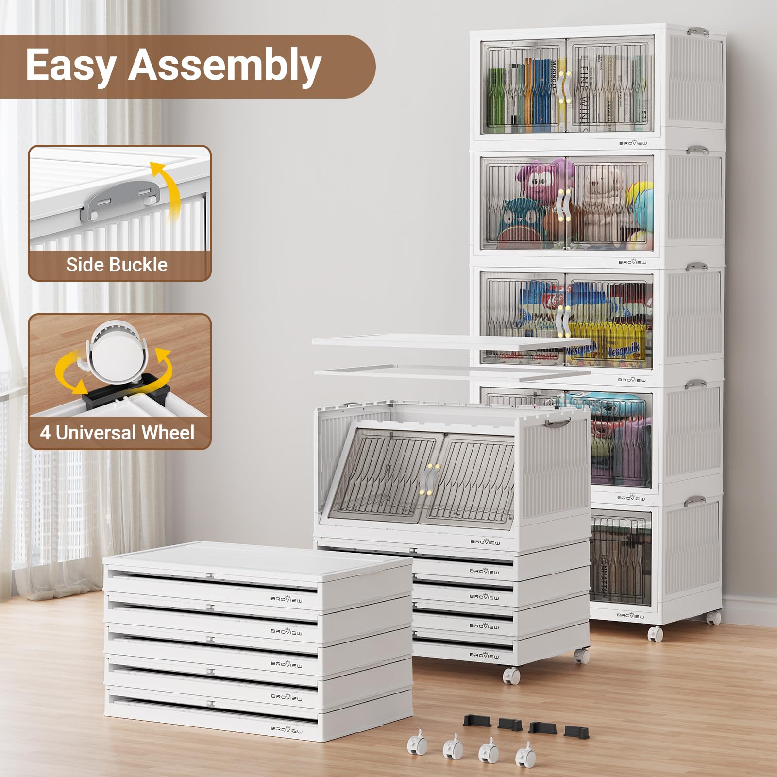 120 Qt Stackable Storage Bins with Lids - 4 Pack White Collapsible Storage Boxes with Wheels | Plastic Closet Organizer, Clothes Storage Cabinet & Drawer Containers for Home, Office & Garage Organization