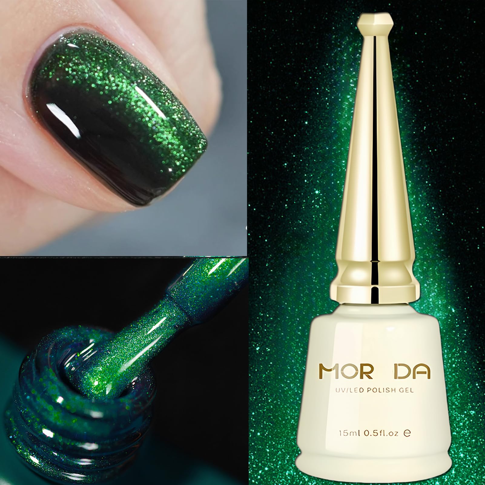 Forest Green Cat Eye Gel Nail Polish with Magnetic Effect - 15ML Emerald Green Glitter Nail Polish for Women & Girls | Perfect for Christmas, Parties, and Special Occasions