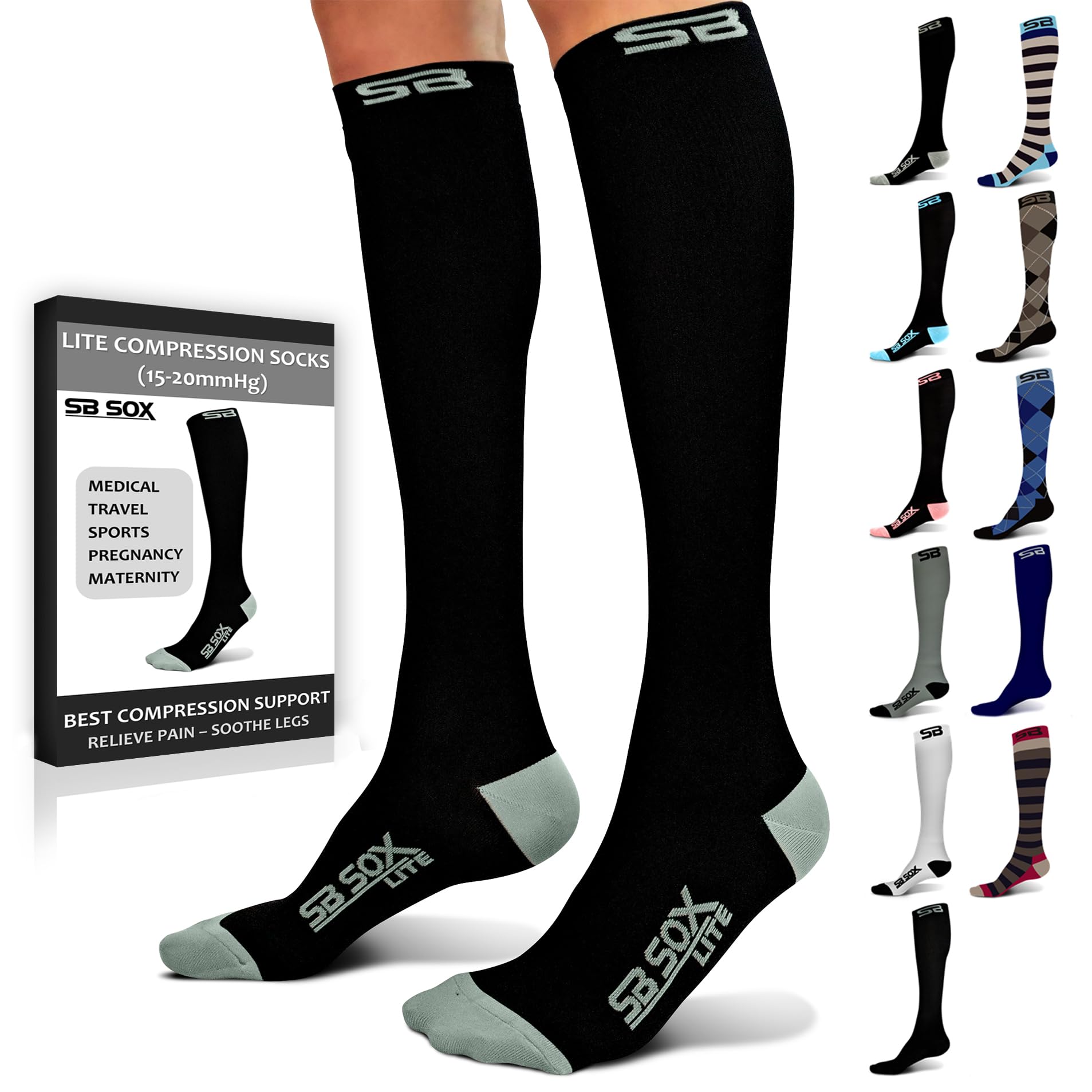 SB SOX Lite 15-20mmHg Compression Socks for Men & Women - Best Graduated Compression Socks for Travel, Running, Nursing & Daily Wear - XXL Sizes Available - Improve Circulation & Reduce Swelling