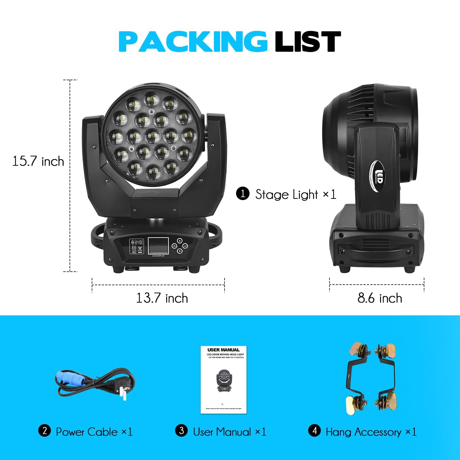 19x15W RGBW 4-in-1 Moving Head LED DJ Light with Beam/Wash Zoom, Sound Activation & DMX Control - Perfect for Stage Shows, Disco Clubs, Wedding Parties and Live Events