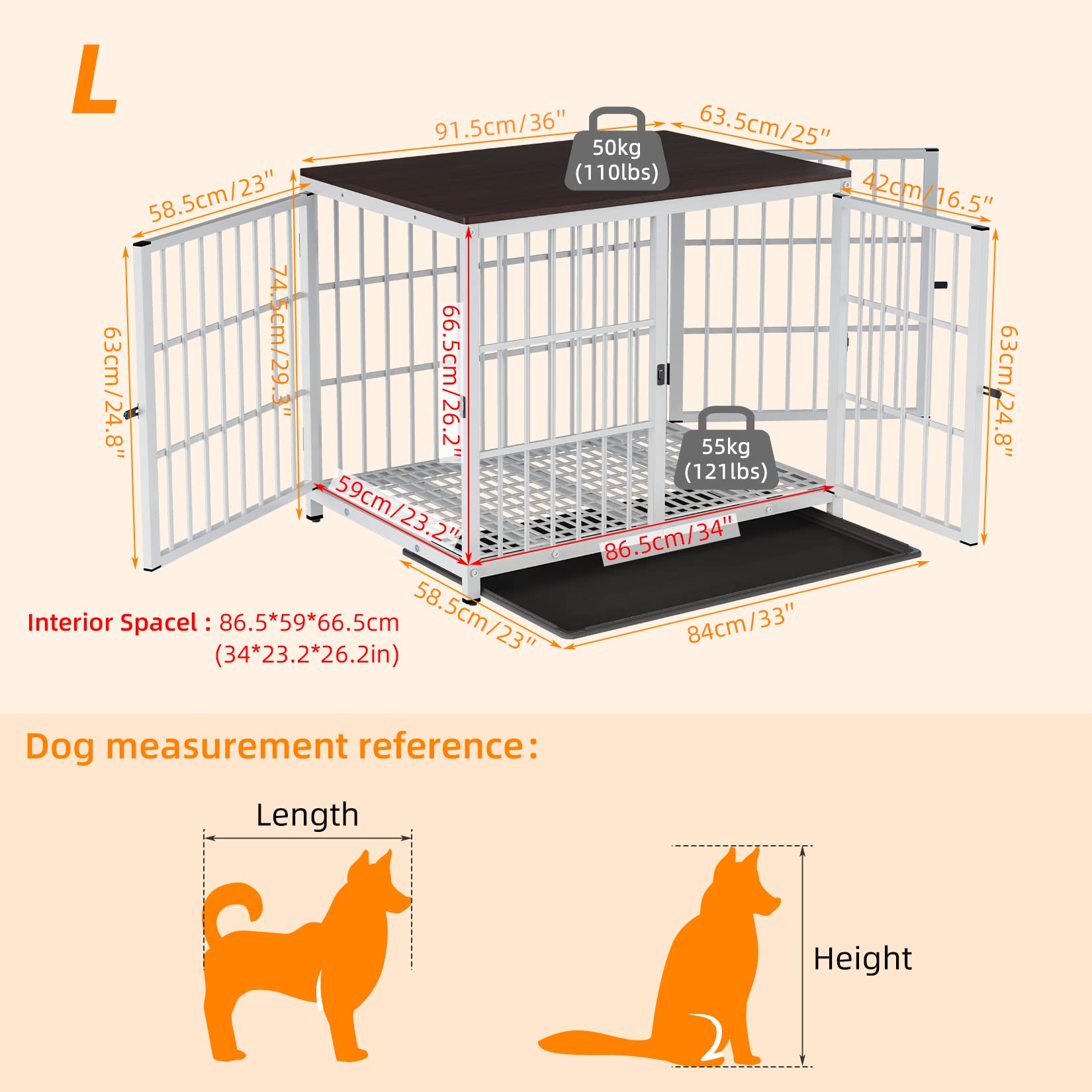 Heavy Duty 36-Inch Large Dog Crate Furniture - Wooden Metal Wire Kennel with 3 Doors & Removable Tray - Indoor Training Playpen for Medium to Large Dogs - White | Perfect for Living Room, Bedroom, or Office Decoration & Pet Safety