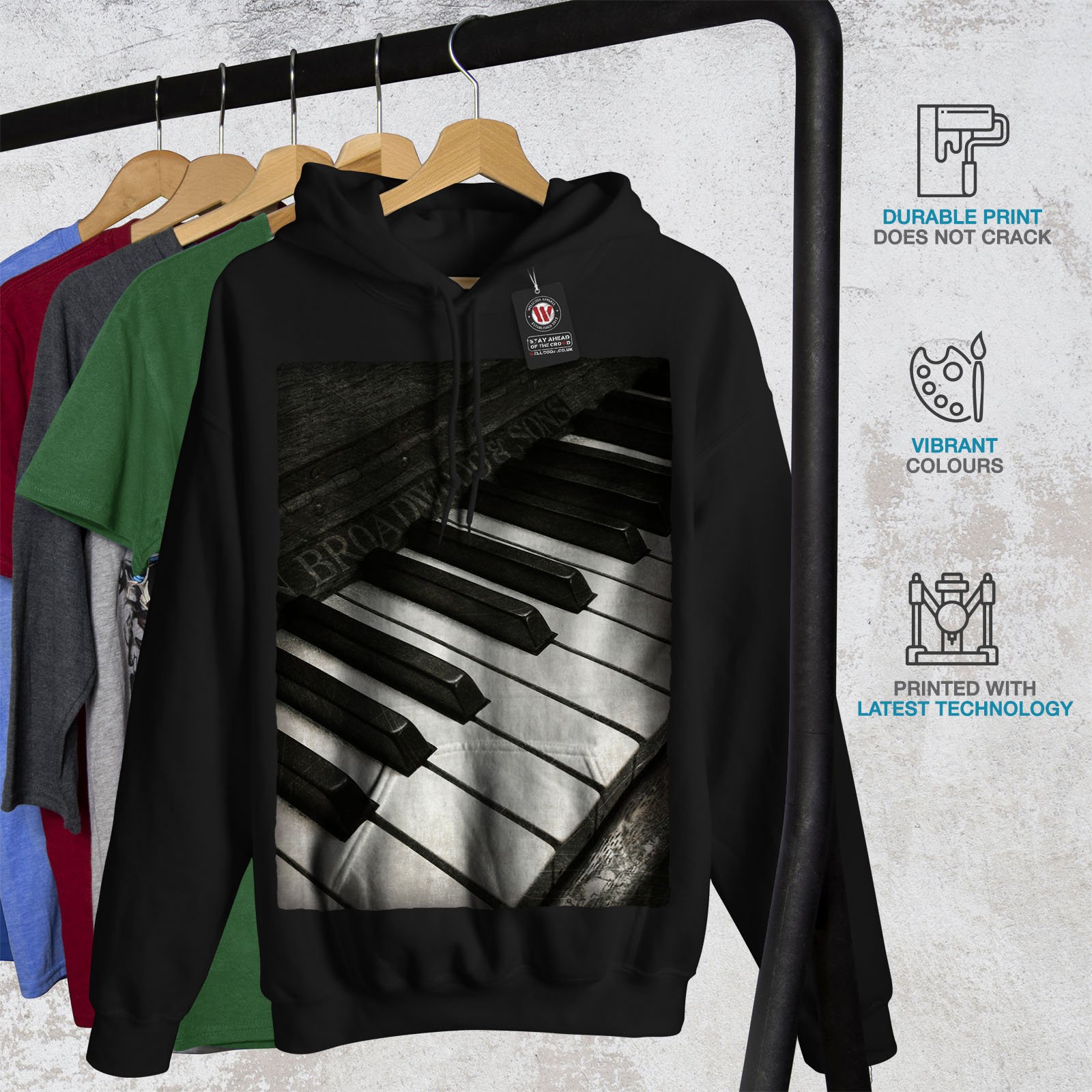 Vintage Old Piano Print Men's Hoodie - Retro Graphic Hooded Sweatshirt for Music Lovers | Casual Wear, Street Style & Gift for Pianists