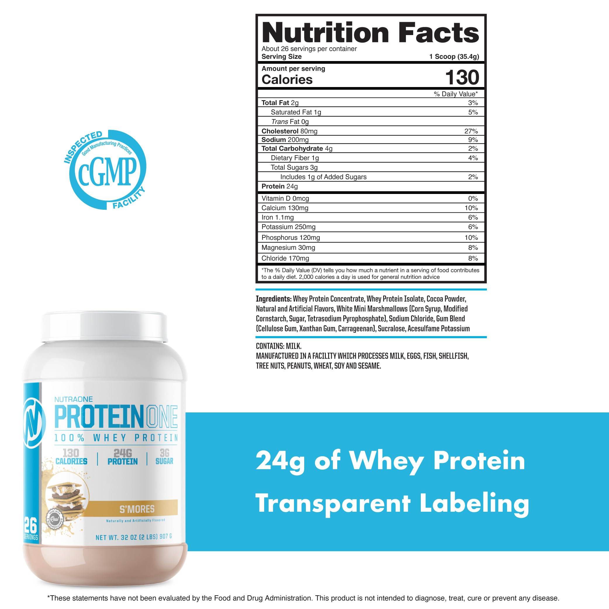 NutraOne ProteinOne Whey Protein Powder for Men & Women - S'Mores Flavor (2 lbs) | Muscle Recovery & Growth Supplement | Post-Workout Shake for Gym & Fitness Enthusiasts
