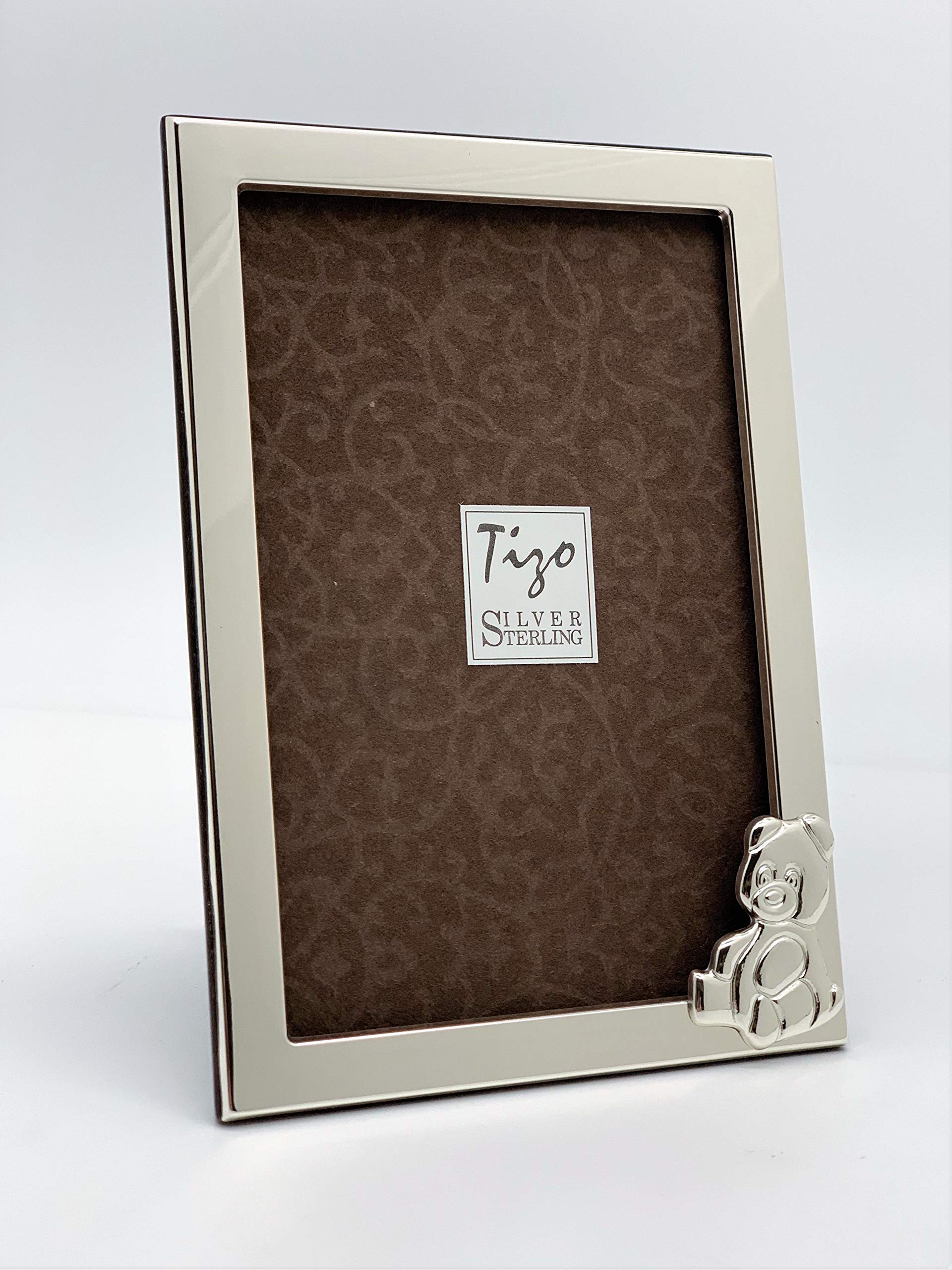 TIZO 925 Sterling Silver Teddy Bear Baby Flat 4x6 Photo Frame - Elegant Keepsake Gift for Newborns, Christening, Baptism & Baby Showers (Multiple Finishes Available)