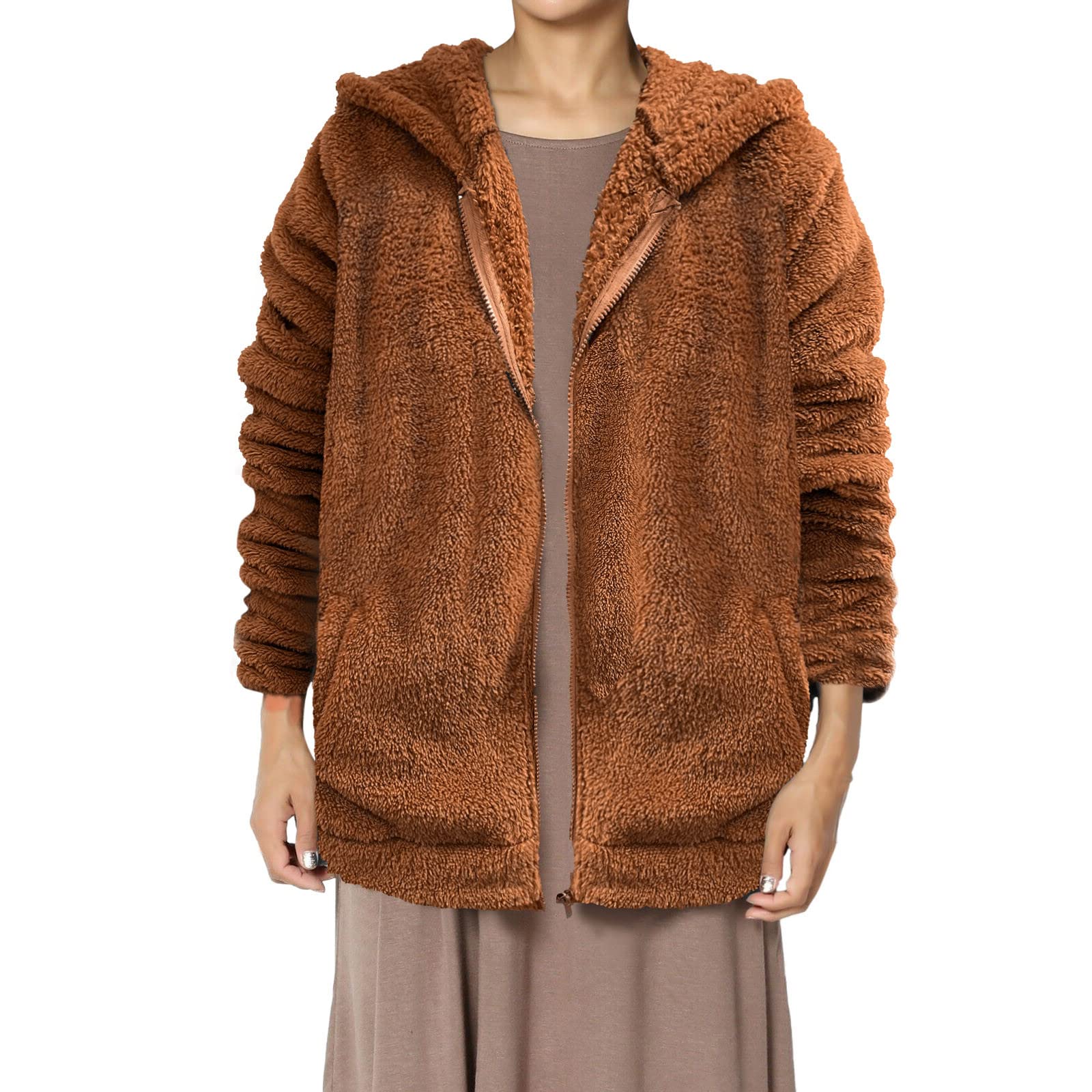 Women's Faux Fur Hooded Jacket - Soft Plush Fleece Coat with Full Zipper, Warm Winter Outerwear for Casual Wear, Outdoor Activities & Cold Weather Fashion