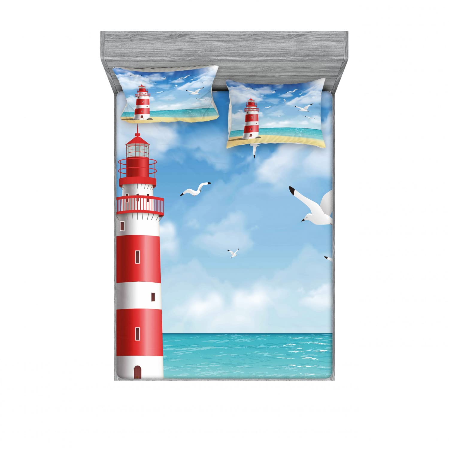 Ambesonne 2-Pack Full Size Fitted Sheet Set with 4 Pillow Shams - Lighthouse & Seagulls Ocean Theme Coastal Bedding in Vermilion Blue | Beach House Decor, Guest Room Essentials, Vacation Home Bedding