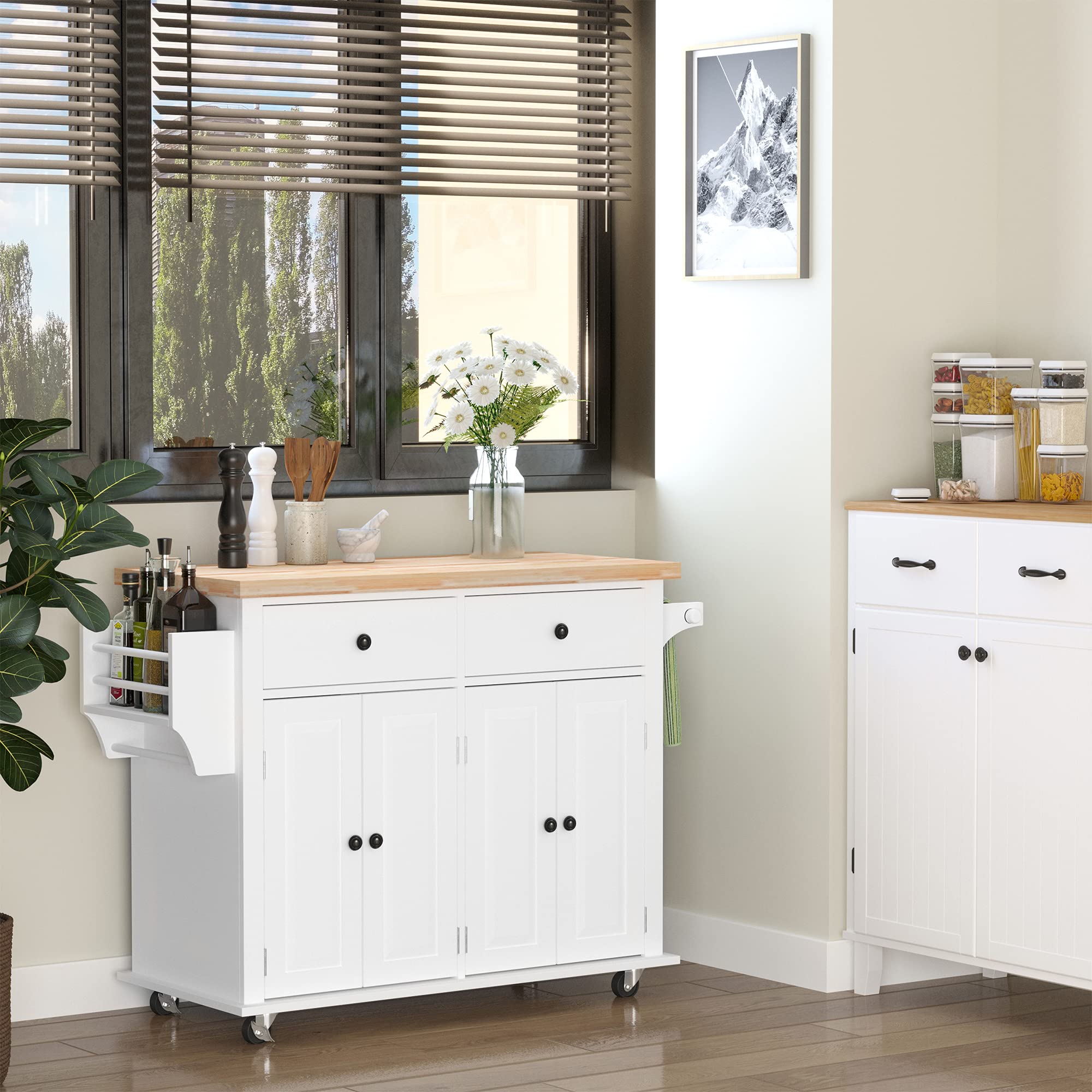 HOMCOM White Kitchen Island on Wheels with Rubberwood Top - Mobile Rolling Cart with Spice Rack, Towel Rack & Storage Drawers - Perfect for Small Kitchen, Dining Room or Pantry Organization