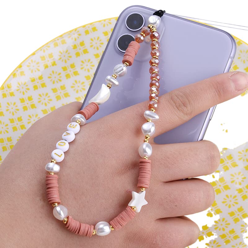 SYSUII Beaded Phone Lanyard Wrist Strap - Kawaii Love Heart Letters Star Beaded Phone Charm, Colorful Rainbow Phone Chain for Women & Girls, Pearl Bracelet Keychain, Cute Phone Accessory (Dark Pink) - Perfect for Smartphones, Keys, ID Badges & Fashion Accessories