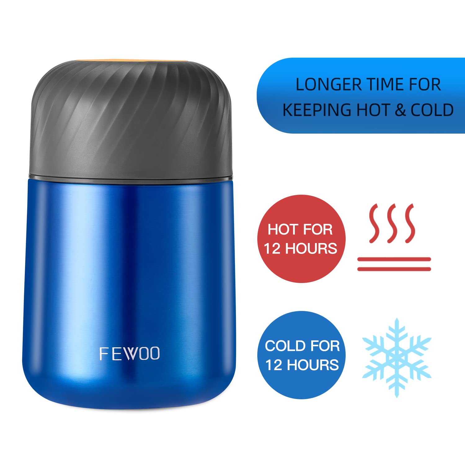 FEWOO 20oz Vacuum Insulated Stainless Steel Food Jar - Leak Proof Soup Thermos for Kids & Adults, Hot Cold Lunch Container with Foldable Spoon (Bright Blue) - Perfect for School, Office, Picnics & Outdoor Activities
