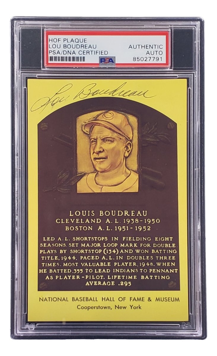 Lou Boudreau Autographed 4x6 Cleveland HOF Plaque Card - PSA/DNA Certified #85027791 - Perfect for Baseball Memorabilia Collections and Sports Fan Gifts