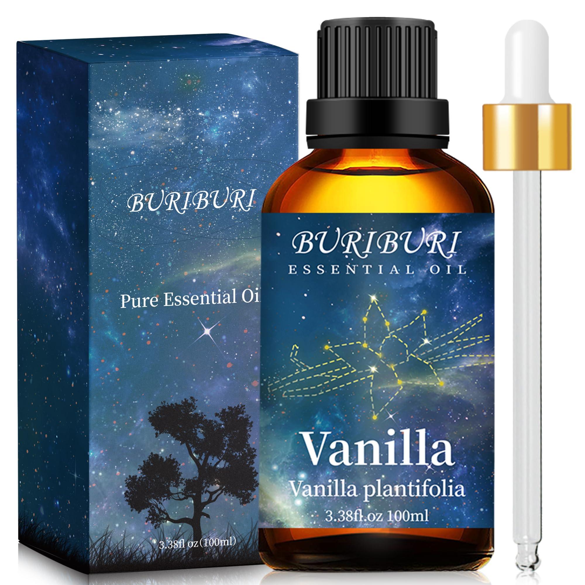 BURIBURI 100% Pure Vanilla Essential Oil 3.38 fl oz (100ml) - Undiluted Aromatherapy Oil for Diffuser, Massage, Candle Making, Soap & Humidifier | Relaxing Scent for Home Spa, Yoga & Stress Relief