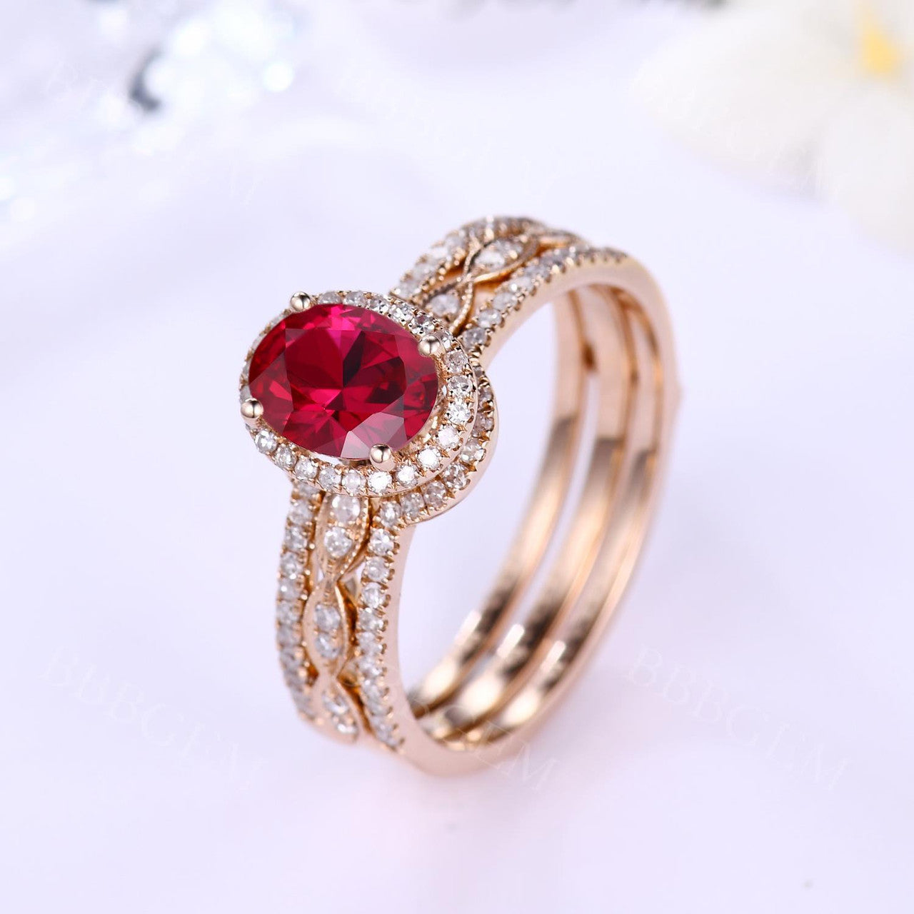 Rose Gold Diamond Halo Lab Ruby Engagement Ring Set With Euro Open Shank Double Band - Elegant Wedding Jewelry for Brides, Anniversary Gifts & Romantic Proposals