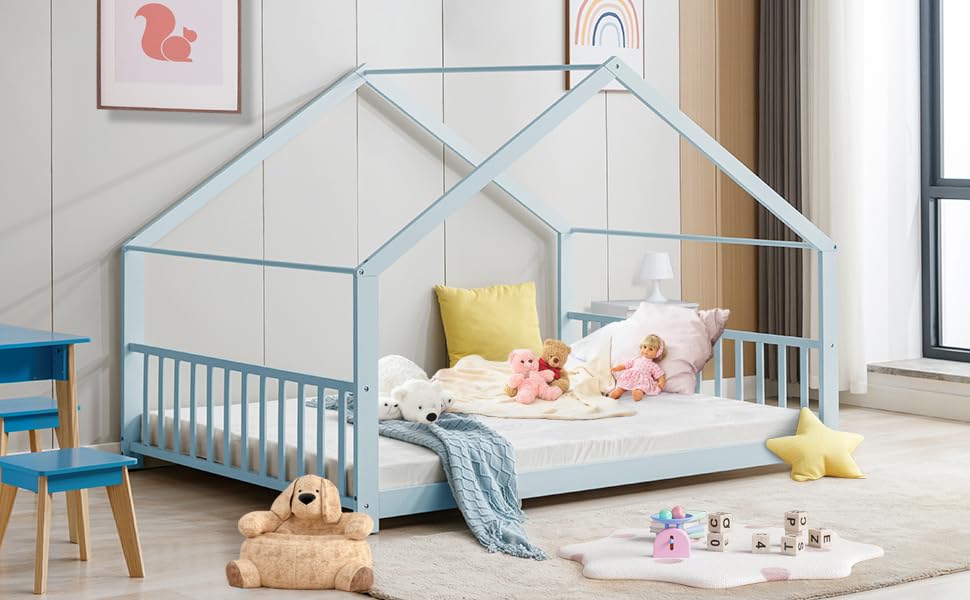 Montessori Floor Bed Full Size - Wooden House Bed Frame with Roof for Kids - Blue - Perfect for Boys & Girls Bedrooms, Playrooms & Montessori Learning Spaces