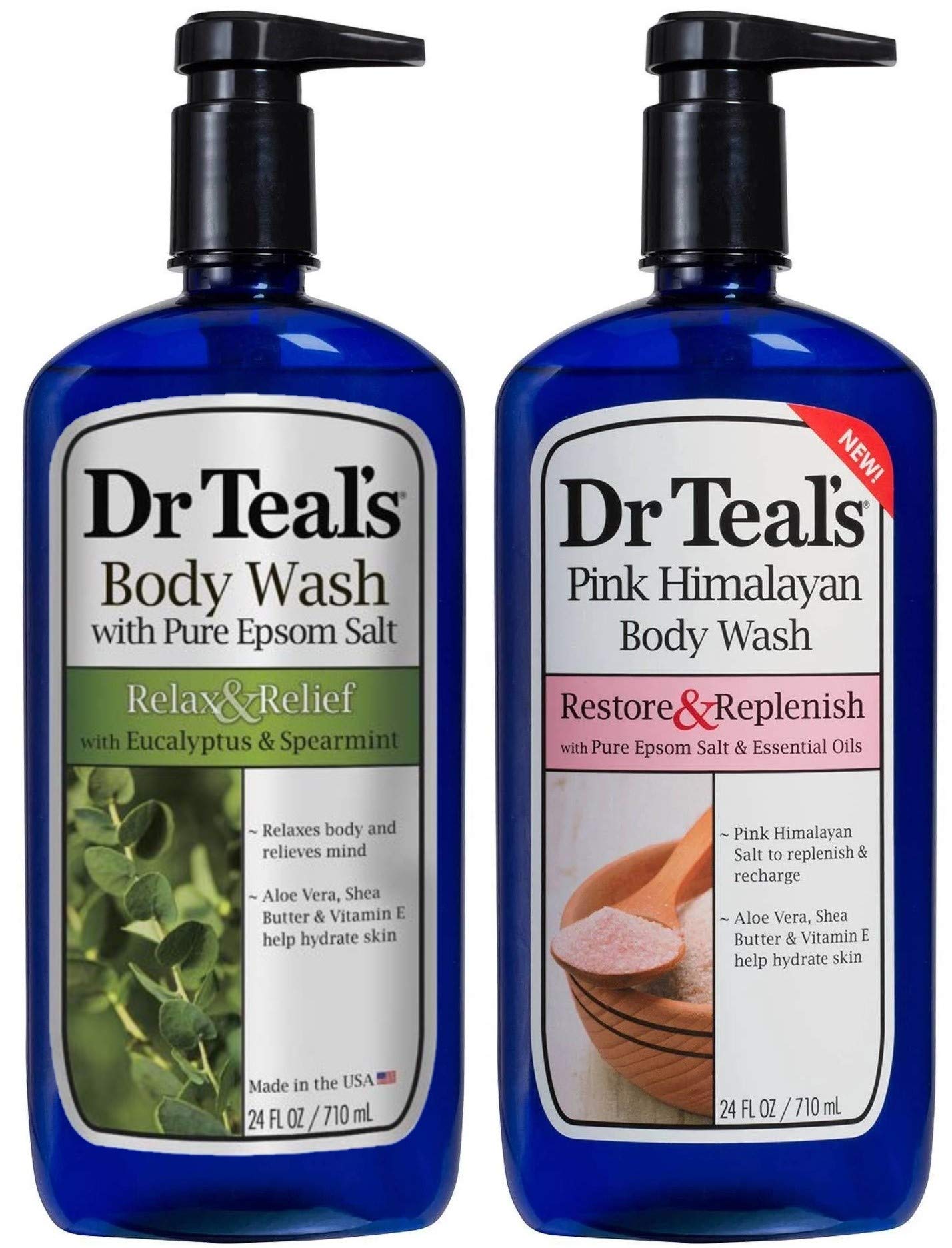 Dr Teal's Body Wash Variety Gift Set (2 Pack, 24oz Each) - Relaxing Eucalyptus & Spearmint & Rejuvenating Pink Himalayan Salt - Pure Epsom Salt & Essential Oils for Pain Relief & Stress Reduction - Perfect for Spa Nights & Self-Care Gifts