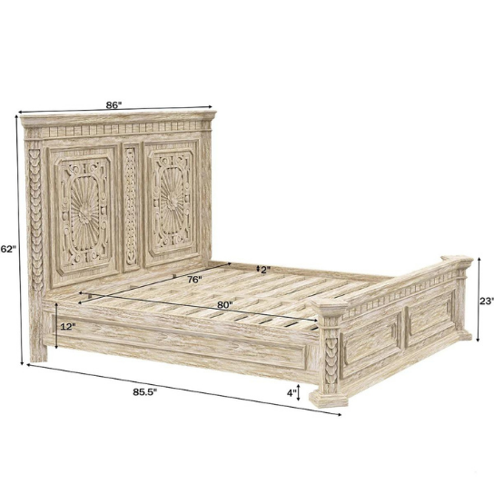 French Provincial Solid Wood Bed - Rustic White Wash Finish - King Size 108