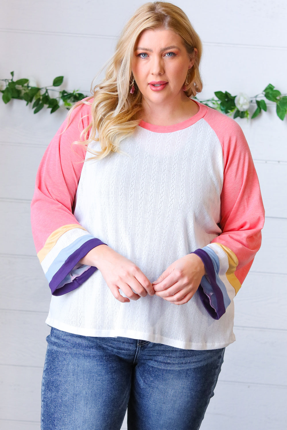 Stylish Pink Pointelle Color Block Wide Sleeve Pullover Sweater | Women's Fashion Knit Top | Perfect for Casual Outings & Layering