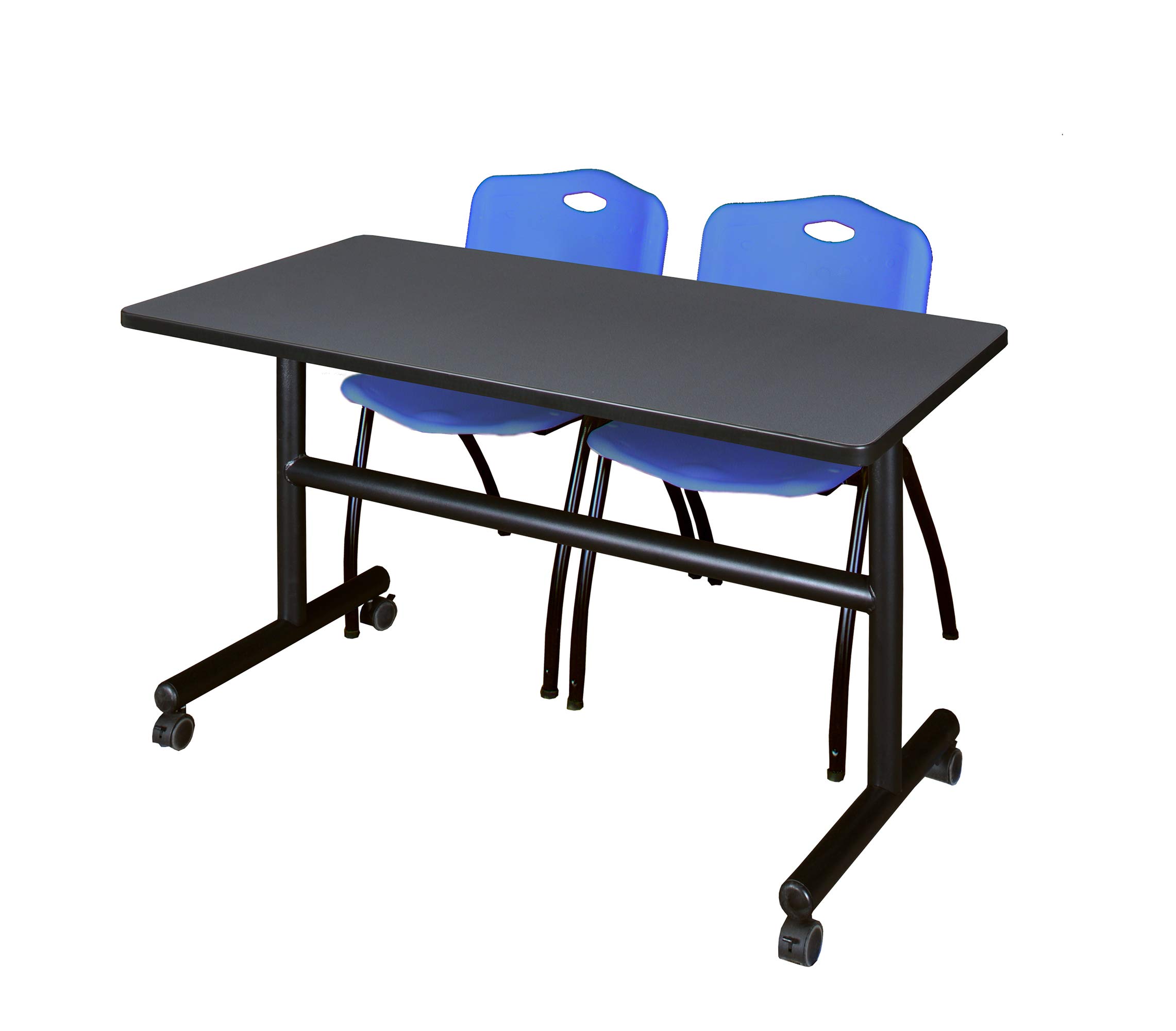 Kobe 48 Inch Flip Top Mobile Training Table with 2 Stackable Chairs - Grey & Blue - Perfect for Home Gym, Office Training, and Classroom Activities