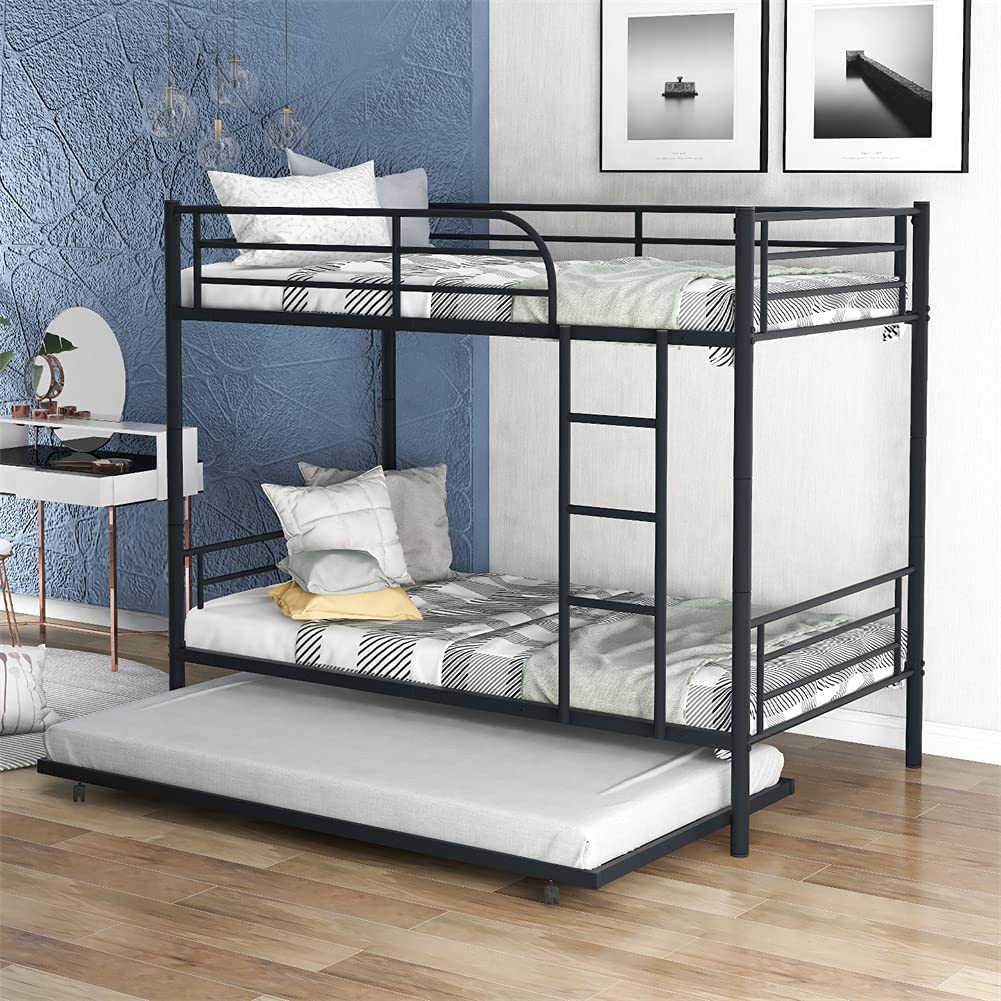 Metal Twin-Over-Twin Bunk Bed with Trundle - Convertible to 2 Separate Beds, No Box Spring Required (Black) | Space-Saving Kids Bedroom Furniture for Small Rooms, Dormitories & Guest Rooms