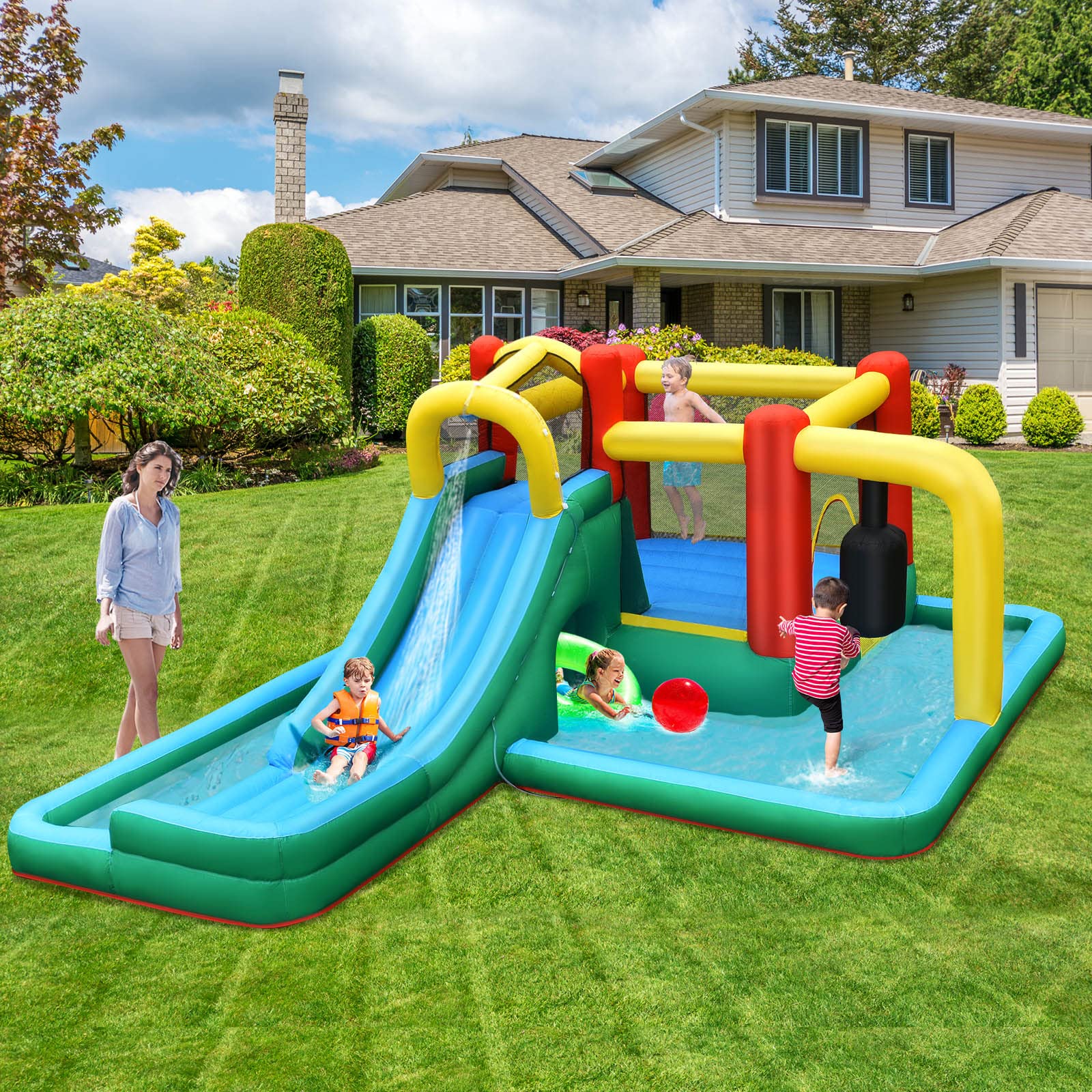 **HONEY JOY 6-in-1 Inflatable Water Slide Park with Splash Pool & Pendulum - Giant Bounce House for Kids & Adults - Outdoor Blow Up Water Slides with 735W Blower - Perfect for Backyard Parties, Summer Fun, and Family Gatherings**