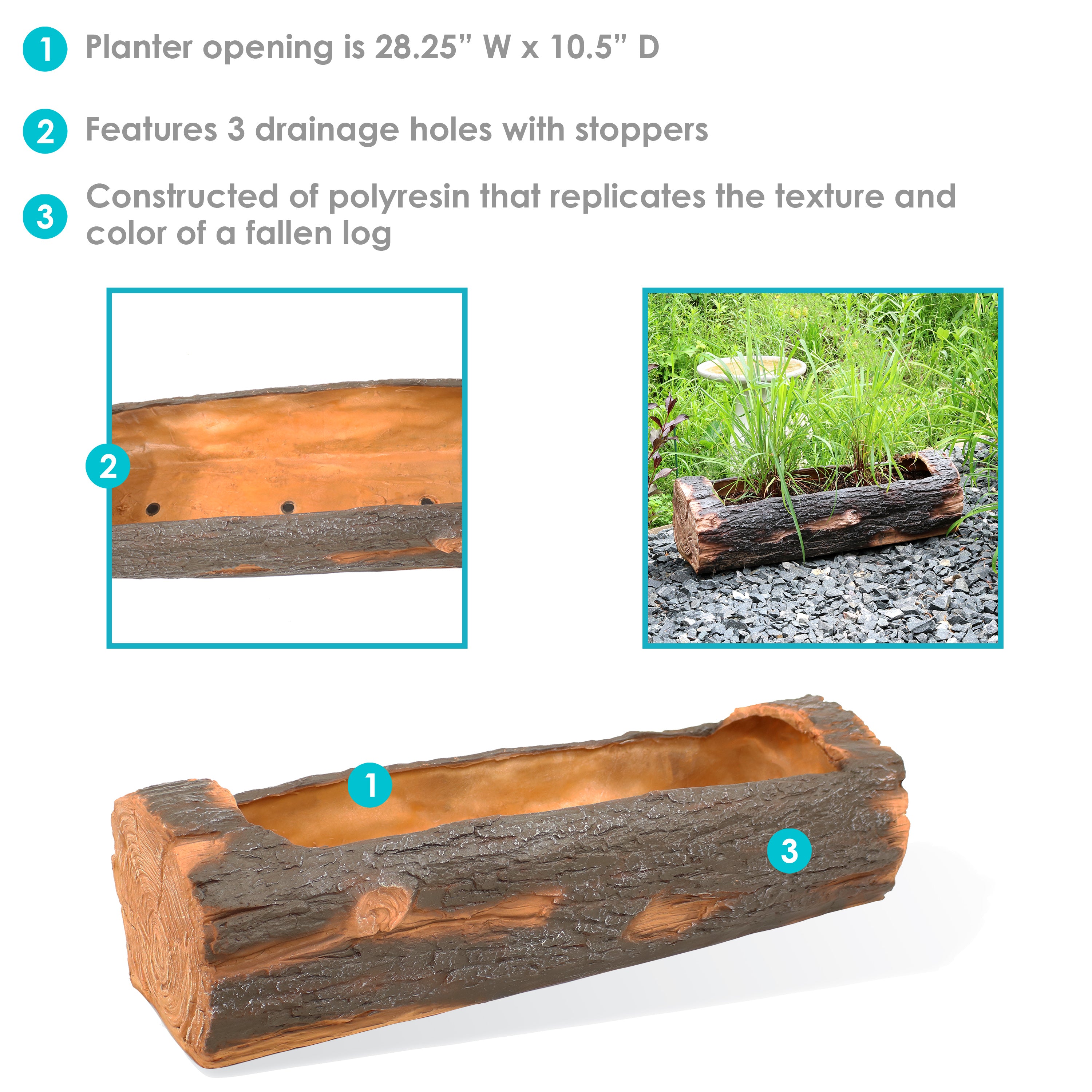 Rustic Polyresin Log Flower Pot Planter for Outdoor Garden Decor - 35 Inch Large Planter for Patio, Yard, and Landscape Design