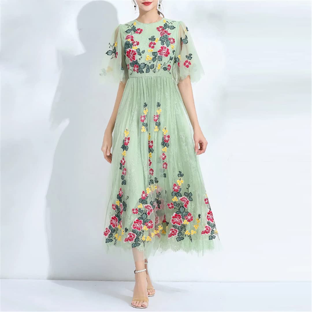 Elegant Green Floral Embroidered Mesh Maxi Dress for Women - Flare Sleeve Party Gown for Evening Events, Weddings & Special Occasions