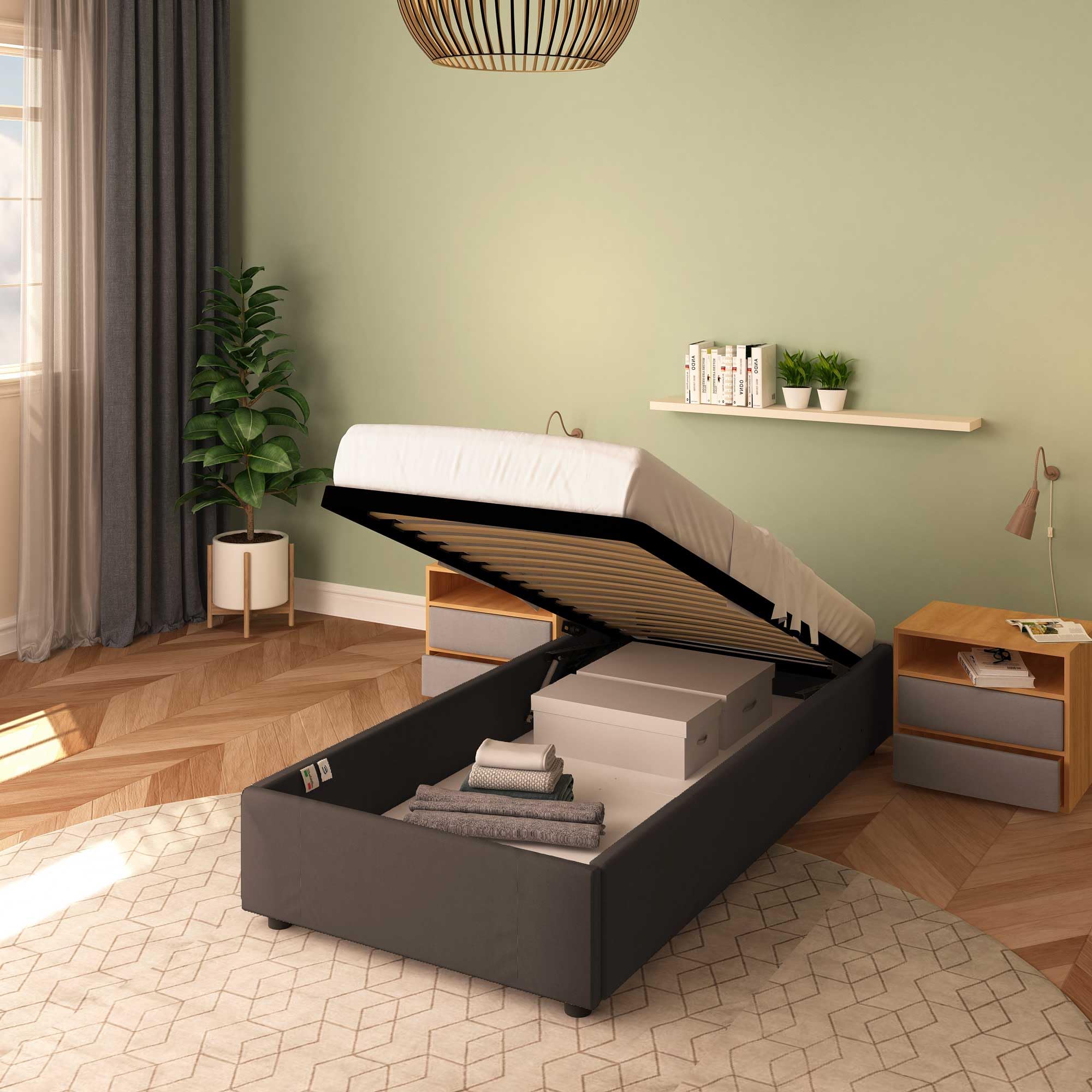 Baldiflex Cloe Square and Half Bed with Fabric Storage, No Headboard, Slatted Base for Mattresses, 100 x 200 cm, Brown - Perfect for Small Bedrooms, Guest Rooms, and Space-Saving Solutions