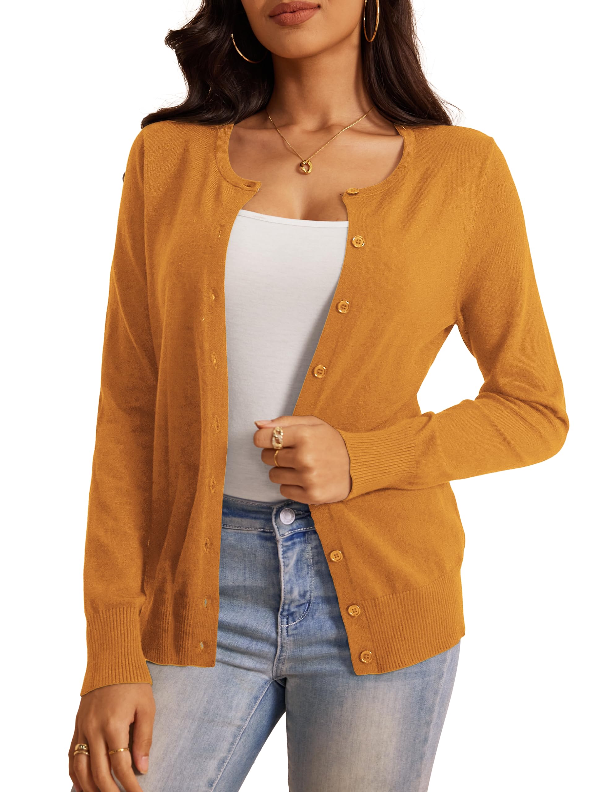 Jesdani Women's Button Down Knit Cardigan Sweater - Soft Long Sleeve Crew Neck Open Front Casual Pullover for Office, Lounge & Fall Layering