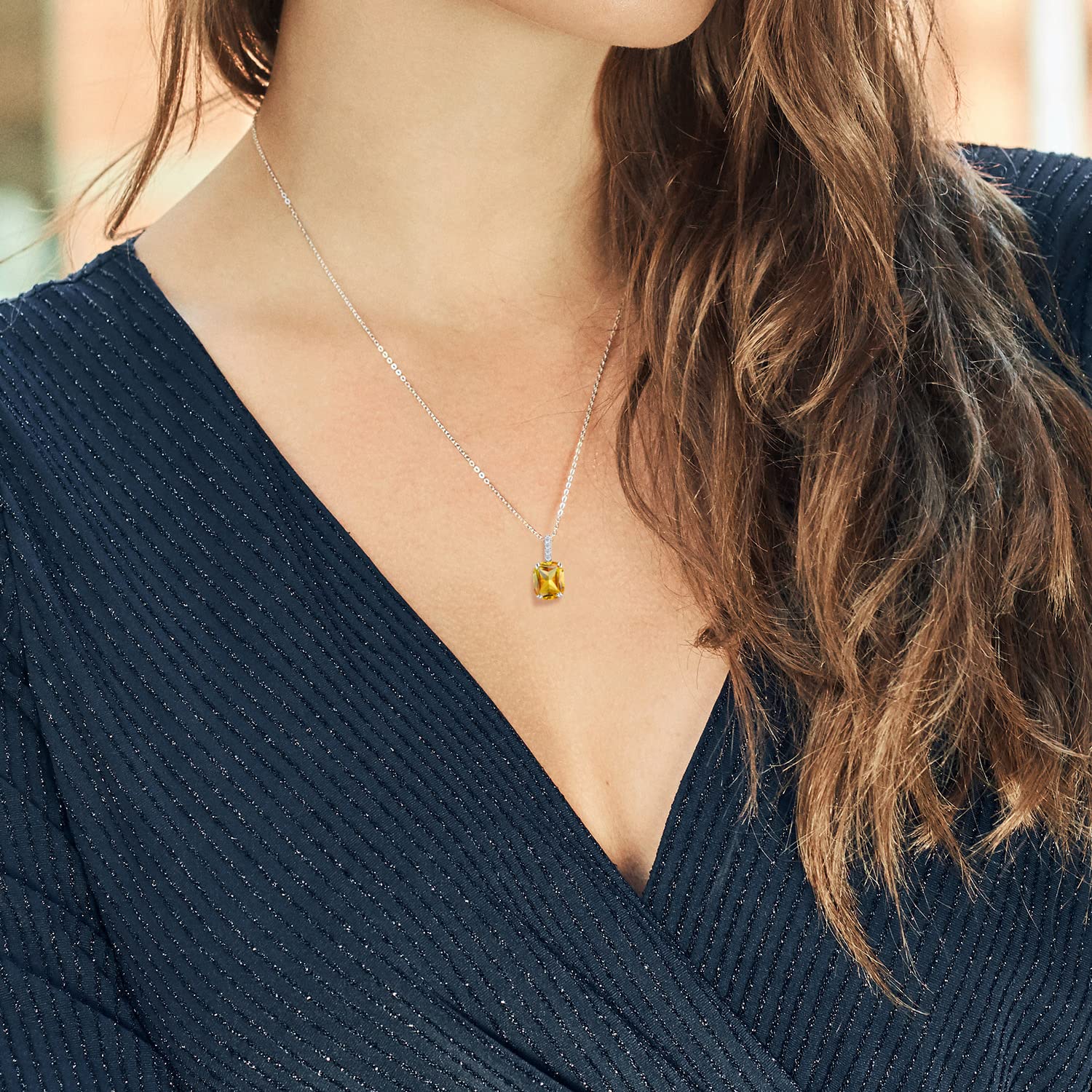 925 Sterling Silver Yellow Citrine & White Topaz Pendant Necklace for Women - 2.92 Cttw Cushion Cut 10x8mm Gemstone Birthstone Jewelry with 18