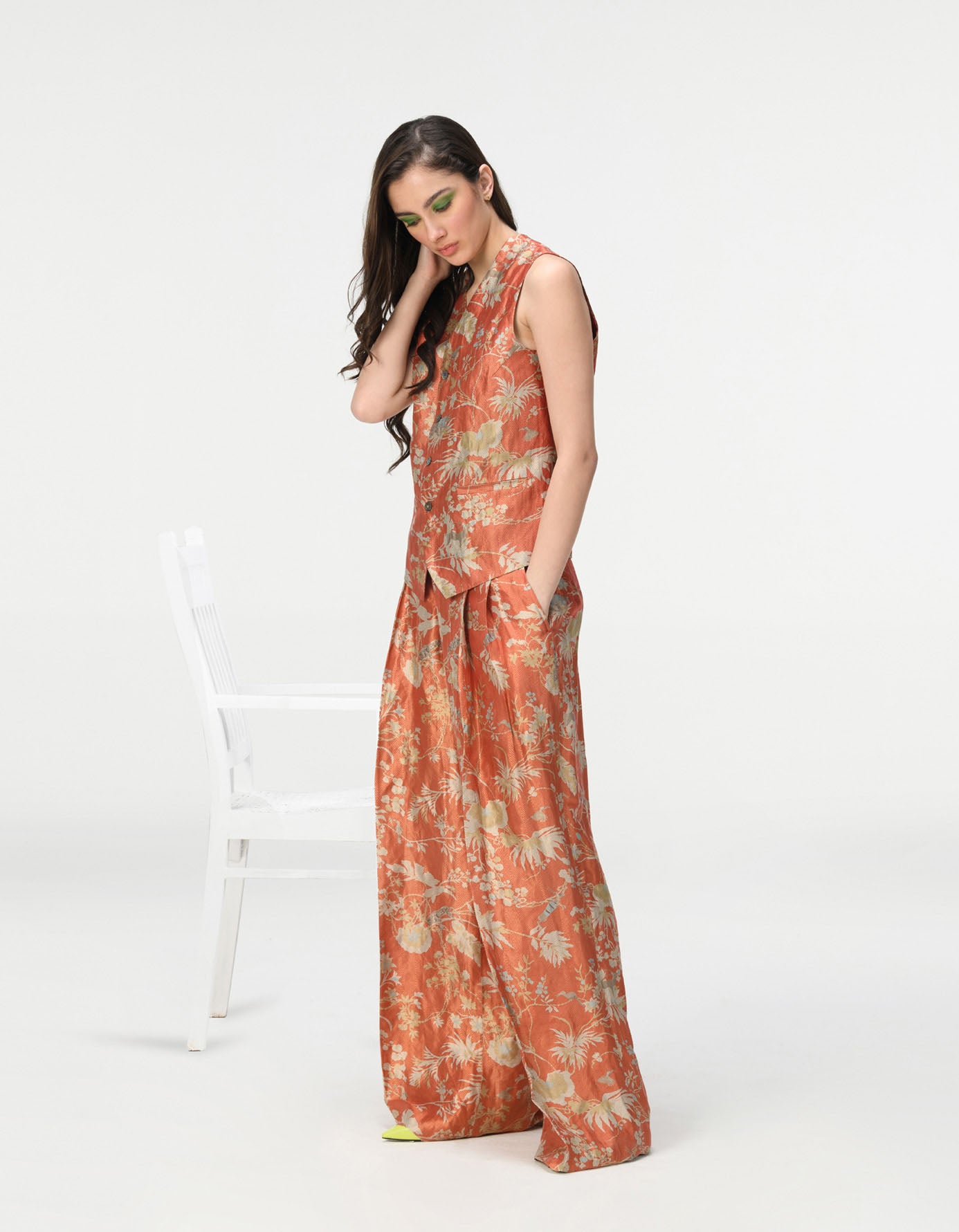 Elegant Silk Brocade Vest Coat with Coral Design - Perfect for Weddings, Parties & Special Occasions