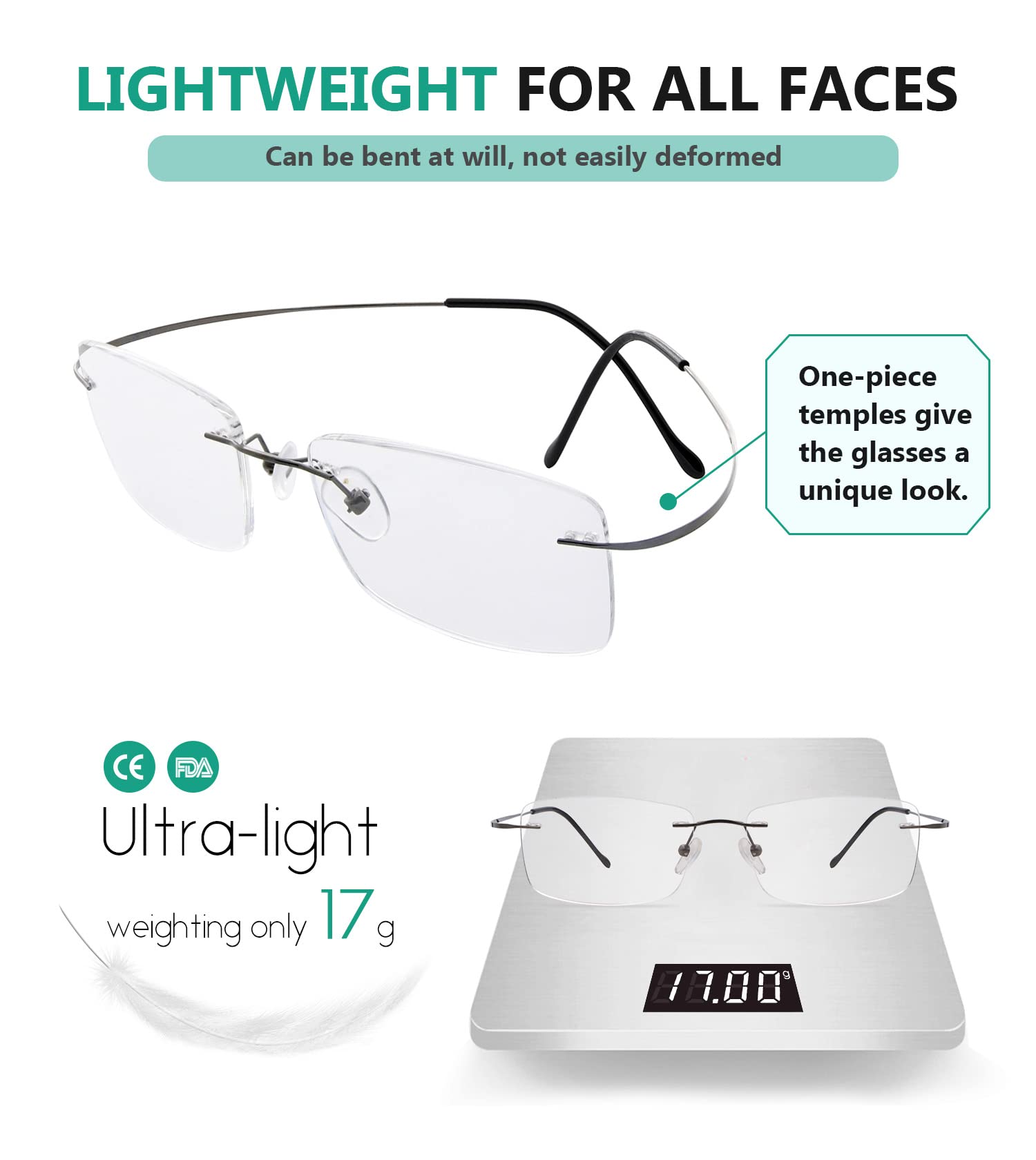 Titanium Rimless Reading Glasses for Men +3.00 Strength - Lightweight Gunmetal Eyewear for Reading, Computer Work & Outdoor Use