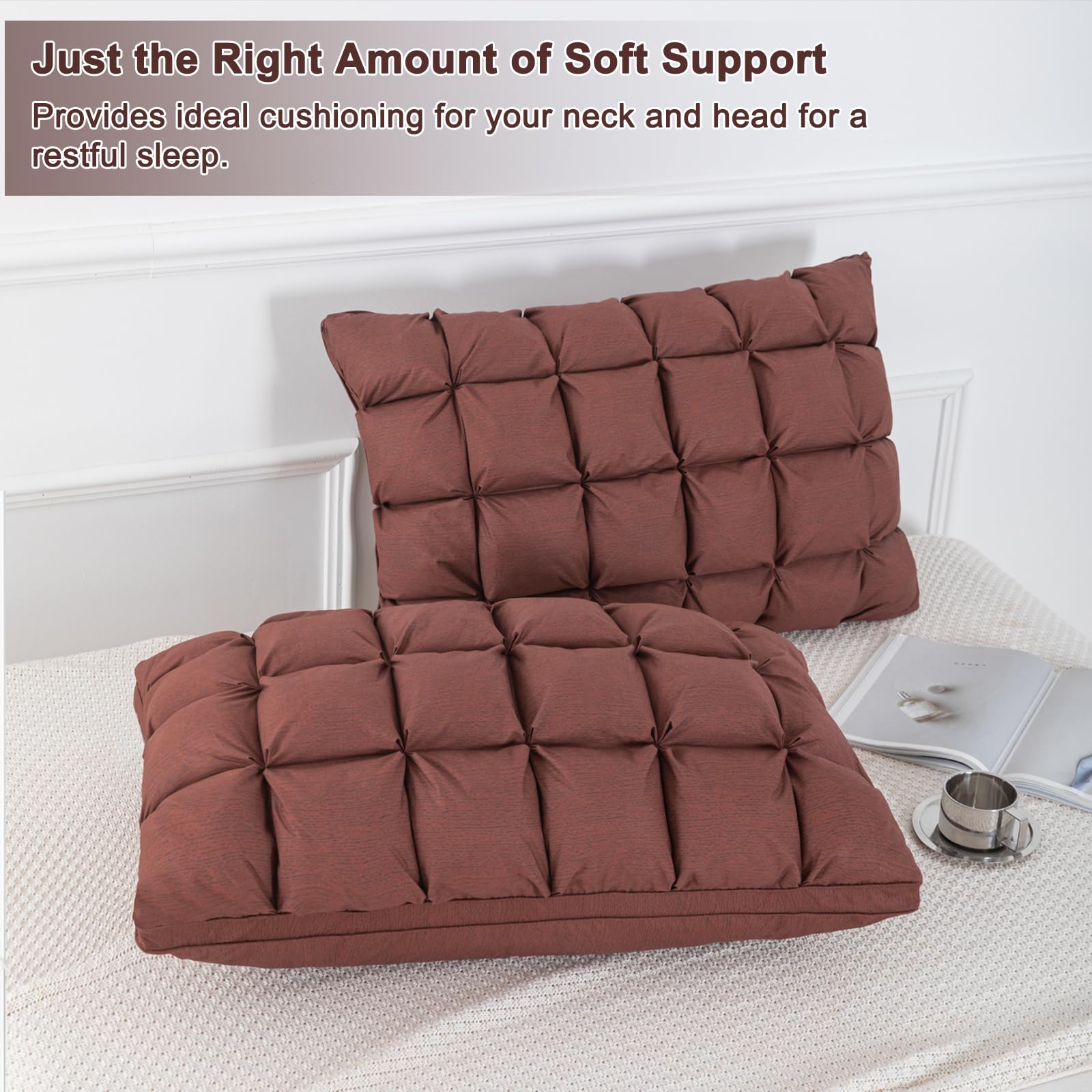 YOUR MOON Soft Standard Bed Pillows for Sleeping - Fluffy Down Alternative Pillow with Luxury Hotel Gel Support - Ideal for Side Sleepers (Brown) - Perfect for Home, Hotel, and Travel Use