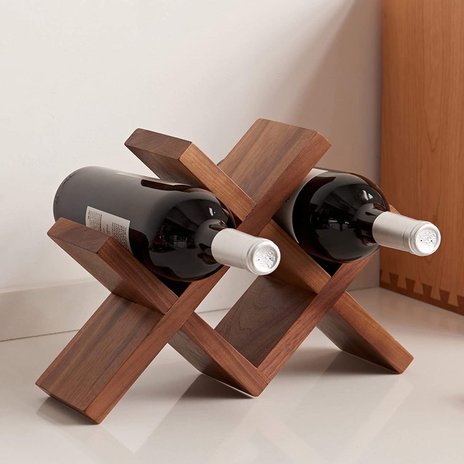 Solid Oak Wood Countertop Wine Rack - 4 Bottle Holder for Wine, Beer & Drinks - Durable Walnut Organizer for Home Bar, Kitchen & Cellar - Perfect for Entertaining & Space Saving Storage