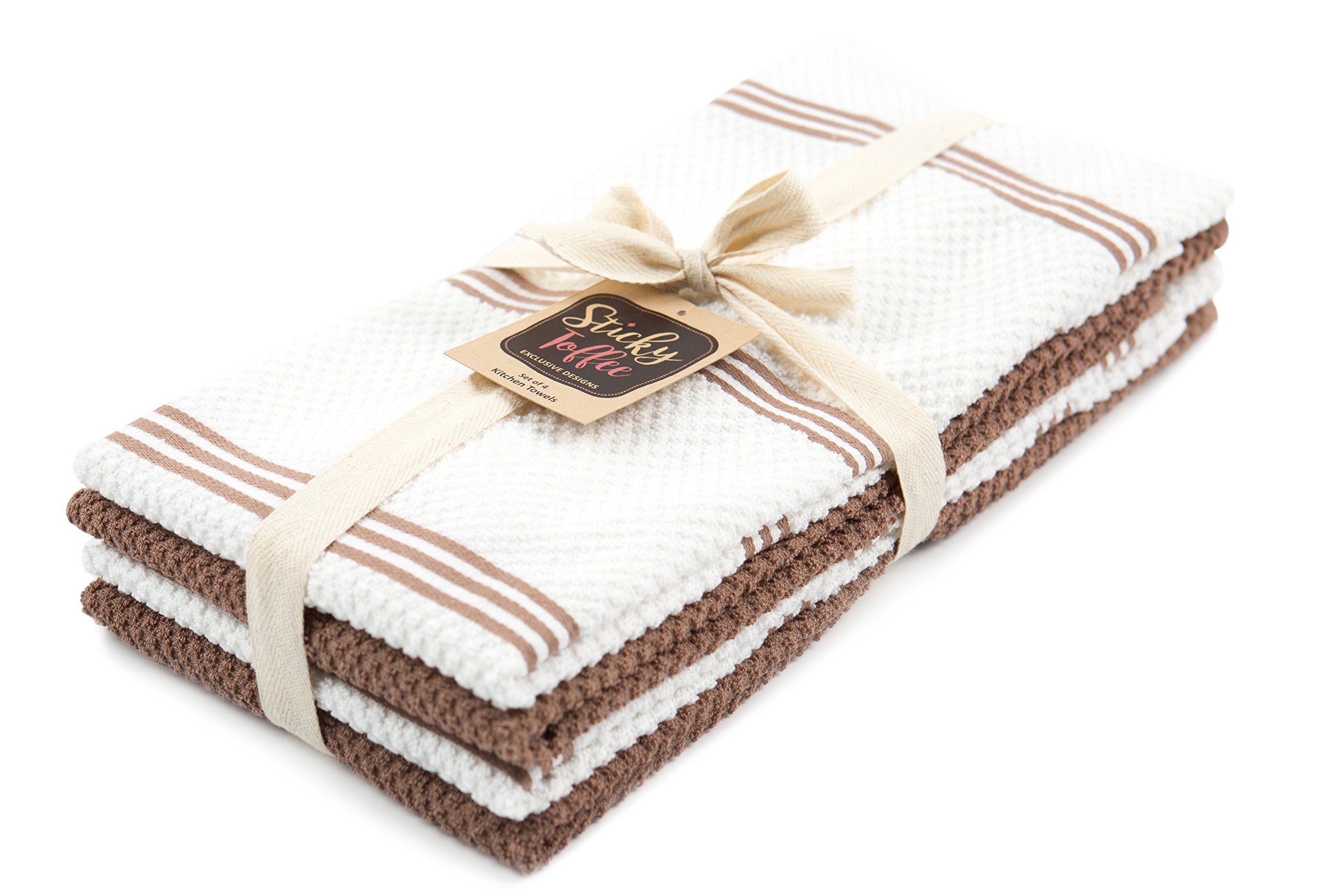Premium 100% Cotton Kitchen Dish Towels Set of 4 - Brown & White Absorbent Reusable Cleaning Cloths, Oeko-Tex Certified, 28x16 Inches - Perfect for Drying Dishes, Wiping Countertops & Hand Drying in Modern Kitchens