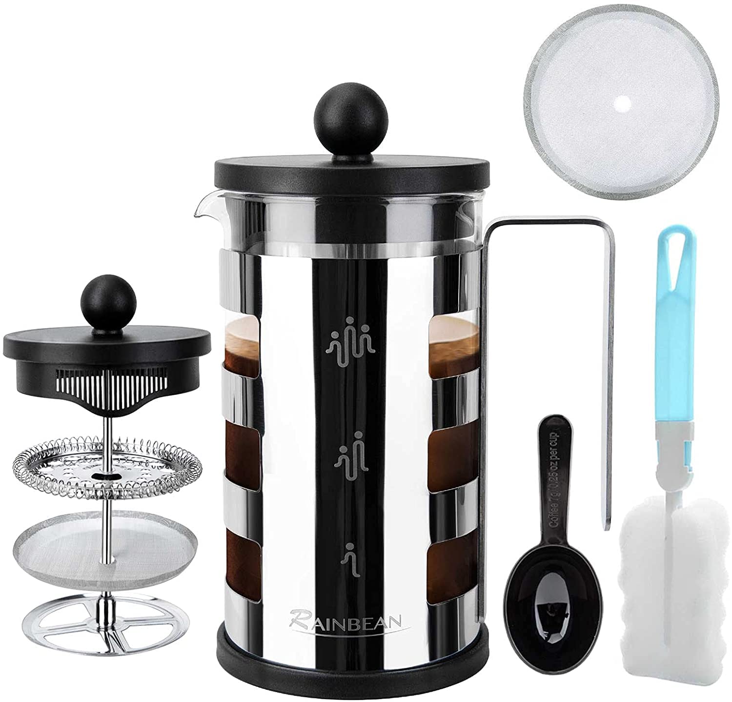 Premium 12 oz Mini French Press Coffee Maker - Stainless Steel 350ml Travel French Press with BPA-Free Glass, Spoon & Brush (Silver) - Perfect for Home, Office & Camping Coffee Brewing