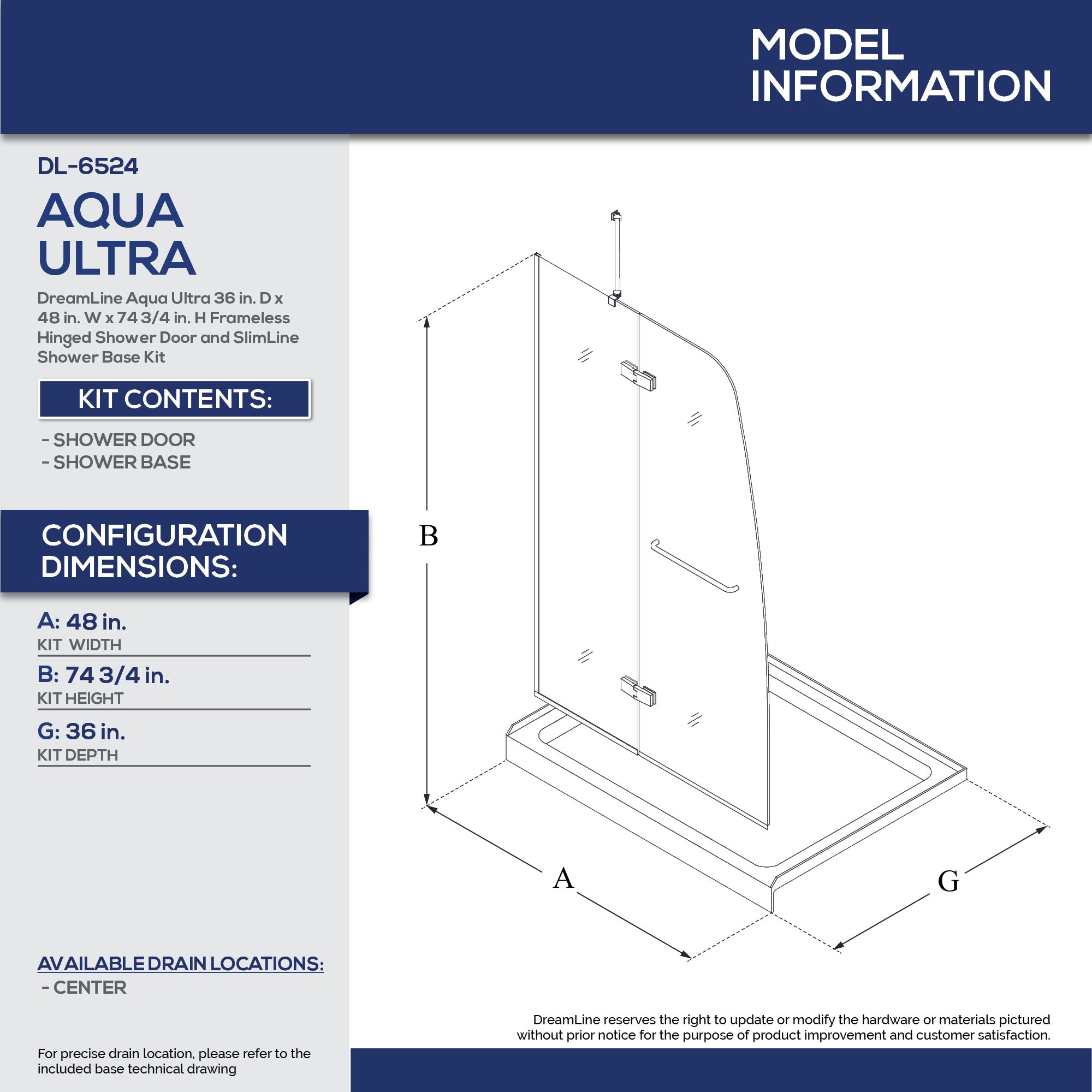 DreamLine Aqua Ultra 36x48 Inch Frameless Hinged Shower Door with SlimLine Base Kit - Modern Bathroom Upgrade for Small Spaces & Luxury Homes