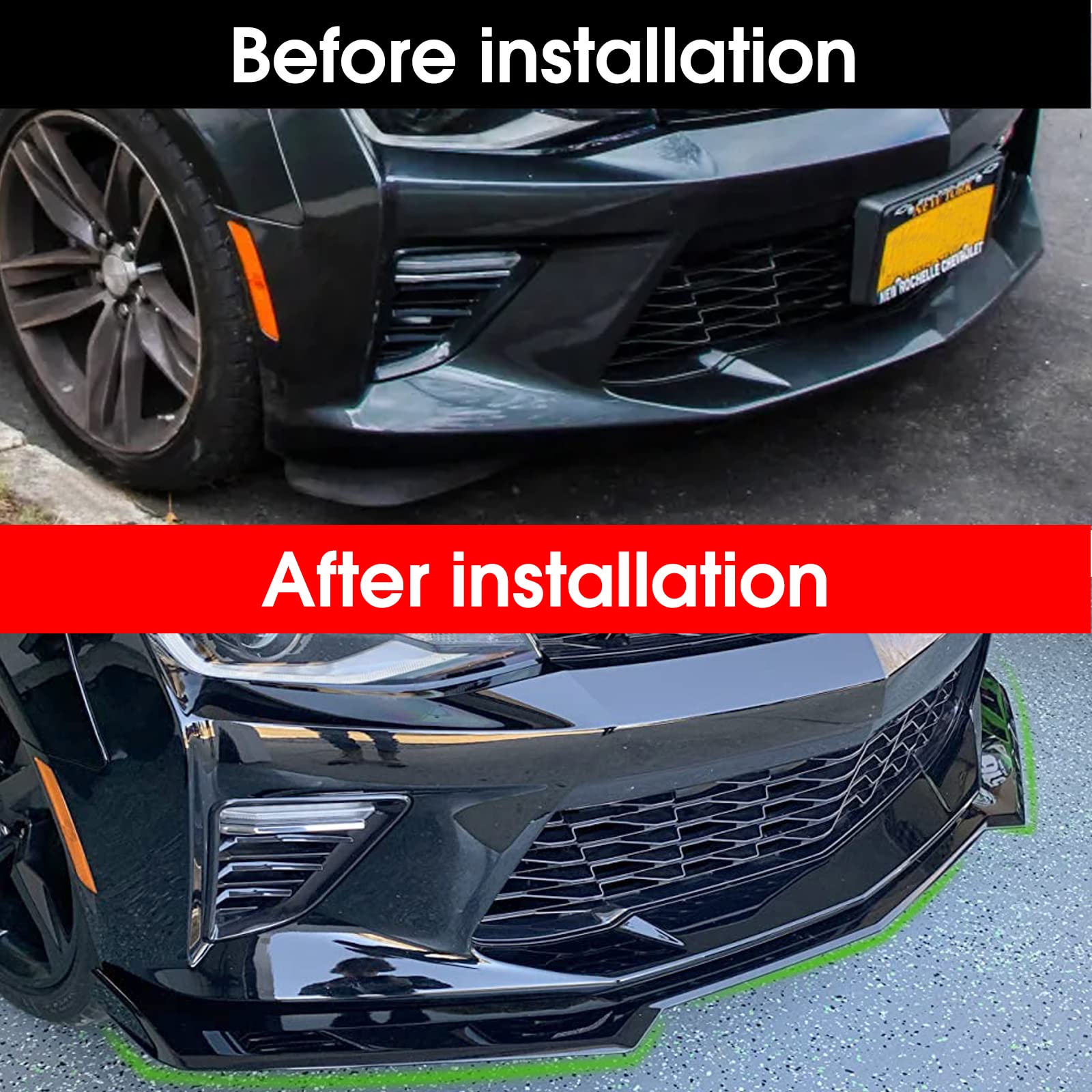 Glossy Black ABS Front Bumper Lip Splitter Spoiler for 2016-2022 Chevy Camaro SS, 2019-2022 LS LT RS - Enhances Aerodynamics & Style for Street Racing & Car Shows
