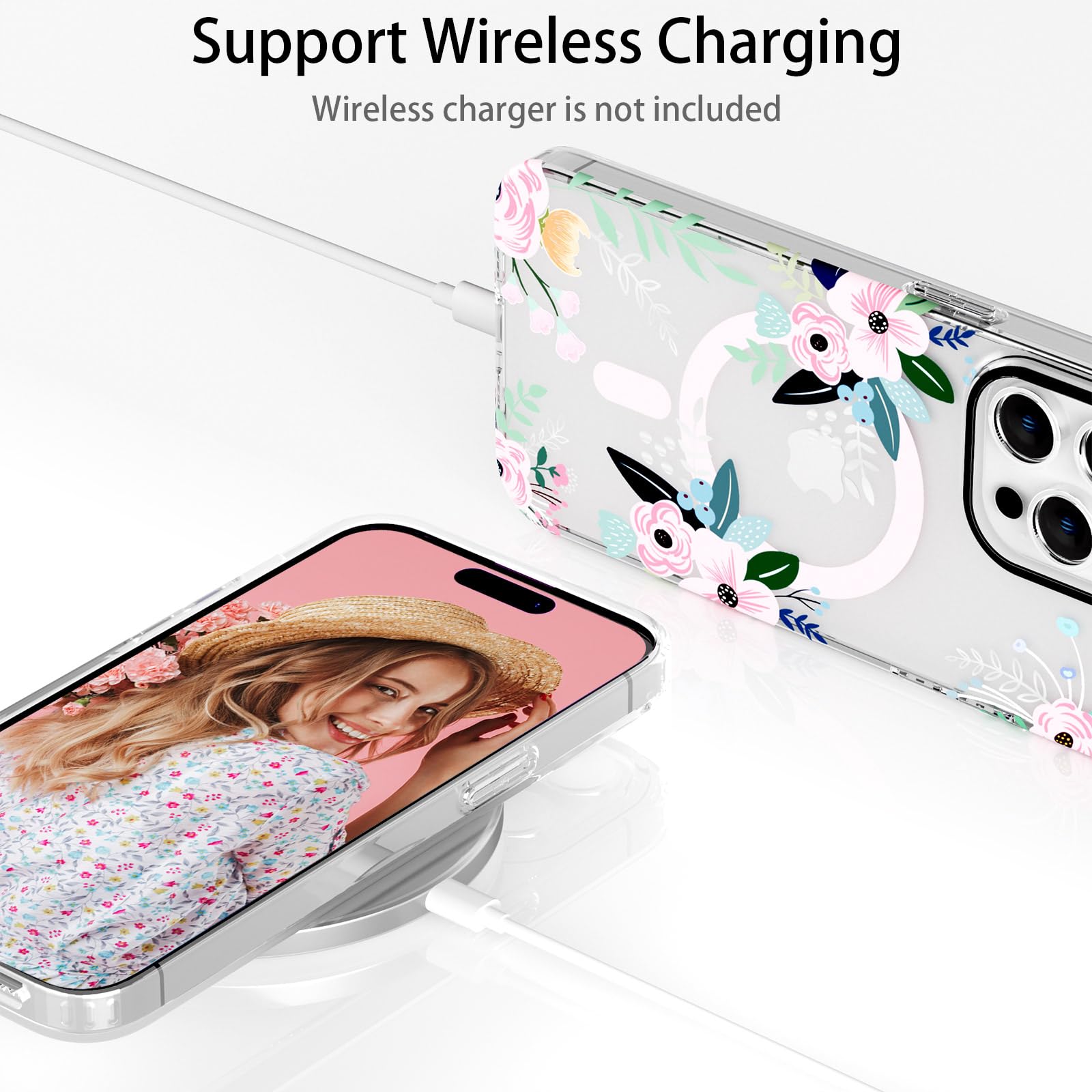 YeLoveHaw Magnetic Phone Case for iPhone 15 Pro - Slim Hard Clear Protective Cover with Rose Floral & Green Leaves Pattern | Compatible with MagSafe | Perfect for Women & Girls | Ideal for Everyday Use, Work & Travel (Pink Flower, 6.1