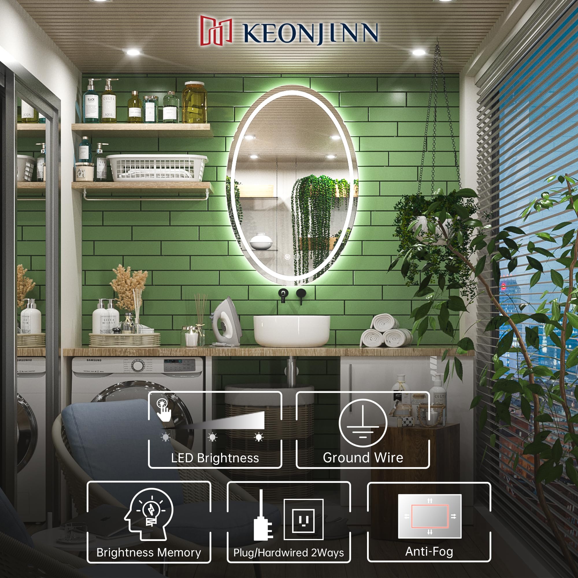 Keonjinn 24 x 36 Inch LED Bathroom Mirror with Anti-Fog & Dimmable Front Lighting - Shatter-Proof Oval Vanity Mirror with Memory Function (CRI 90+) - Perfect for Modern Bathrooms, Makeup Areas & Dressing Rooms