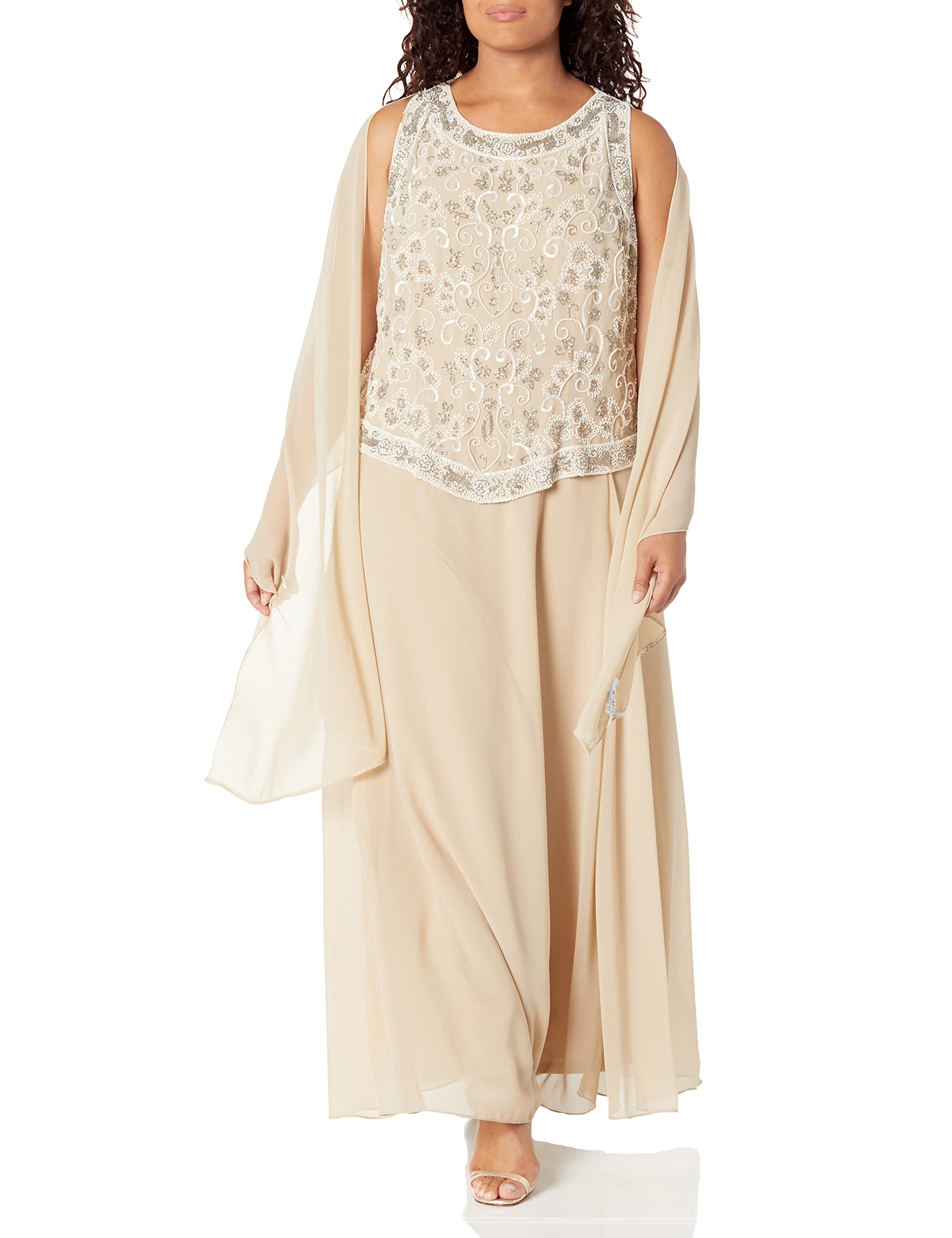 J Kara Women's Plus Size Embellished Mock 2 Piece Dress Set with Scarf - Champagne Multi Color, Size 14 | Elegant Church Outfit, Wedding Guest Dress, Special Occasion Attire