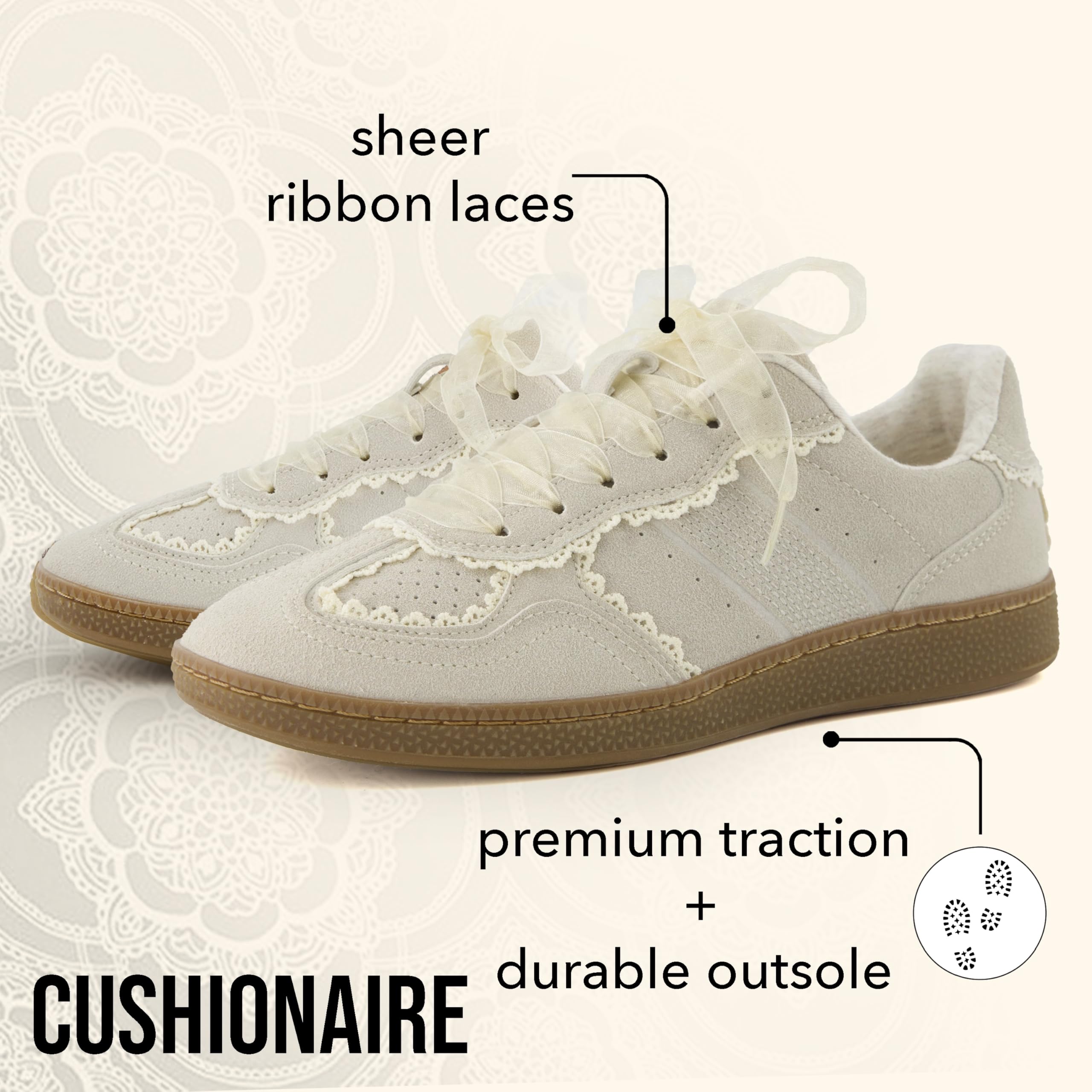 CUSHIONAIRE Women's Belinda Casual Sneakers with Lace Detail & Memory Foam - Elegant Ribbon Lace-Up Comfort Shoes for Walking, Work & Everyday Wear