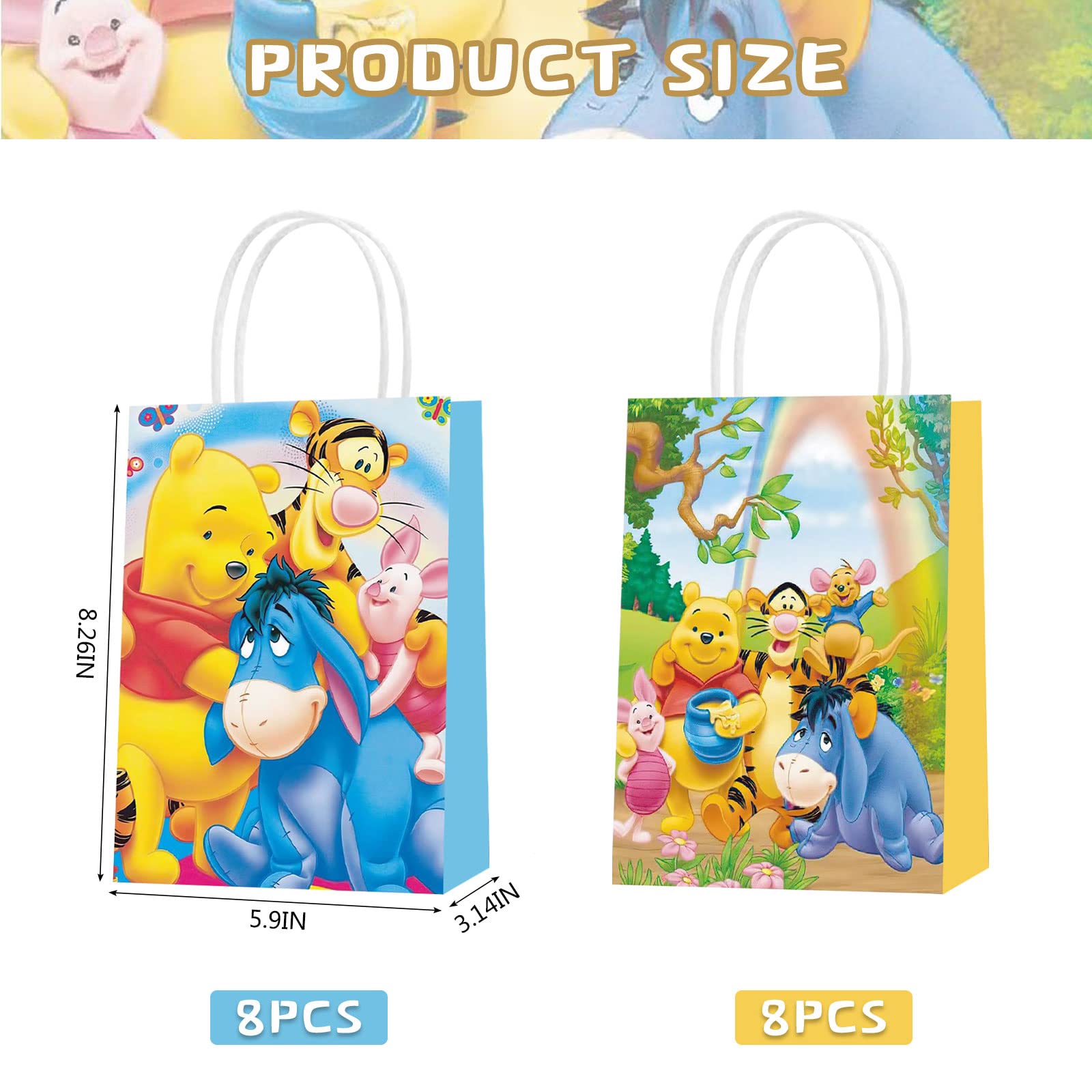 16 Pack Winnie the Pooh Party Favor Bags with Handles - 2 Styles Cute Pooh Bear Themed Gift Bags for Candy, Treats & Goodies | Perfect for Kids Birthday Parties, Baby Showers & Disney Themed Events
