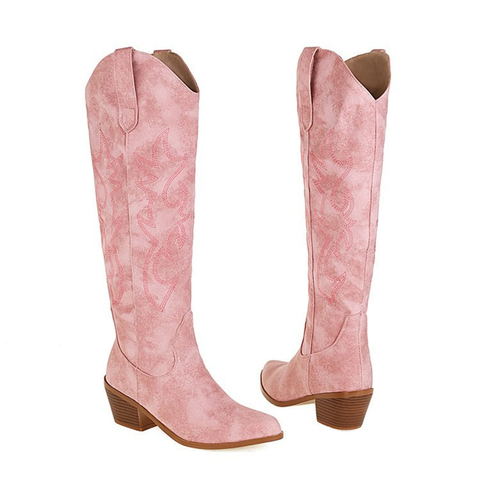 **Lausiuoe Women's Cowboy Boots - Wide Calf Knee High Embroidered Western Boots with Chunky Heel | Pull-On Fashion Cowgirl Boots for Rodeo, Country Music Festivals & Western Style Outfits**