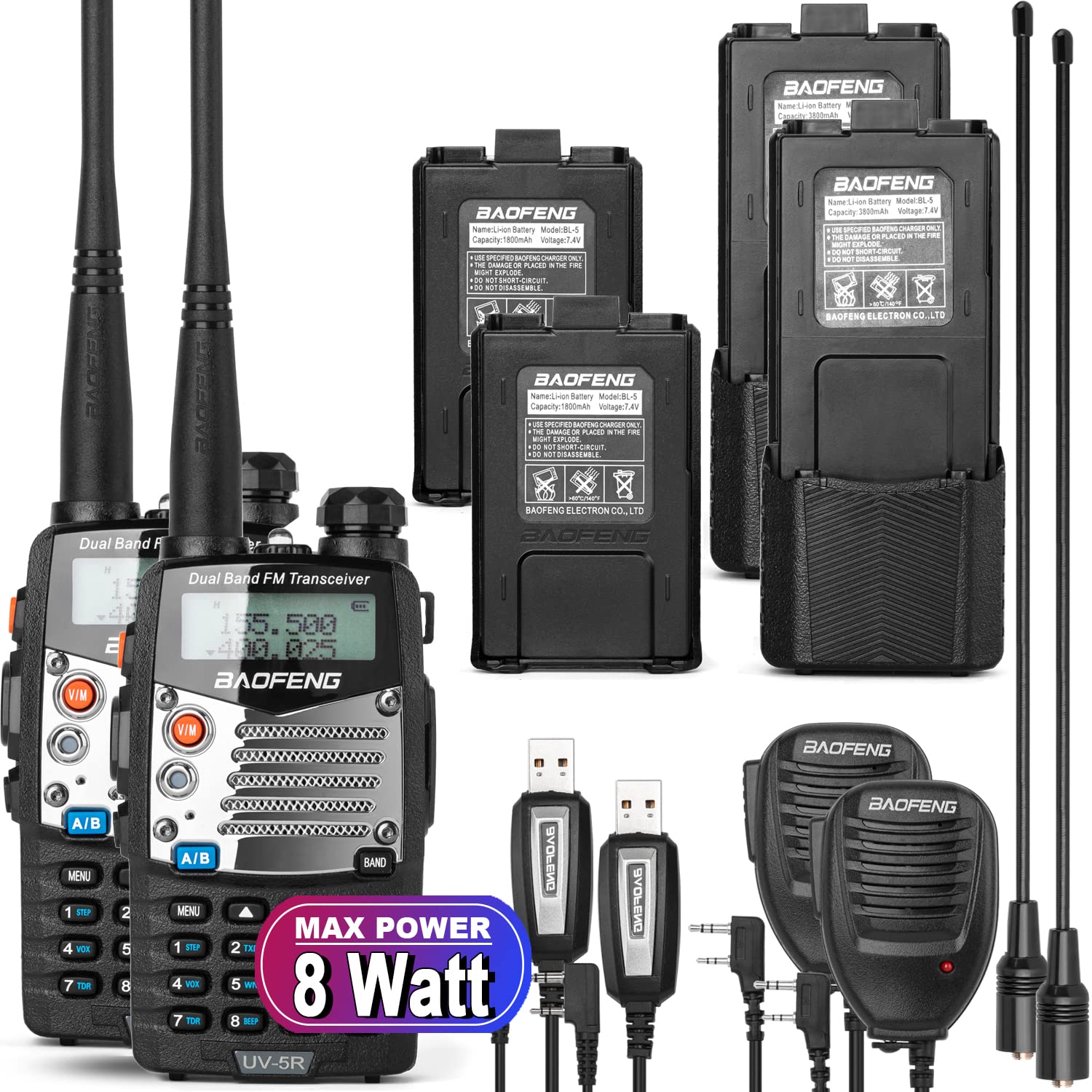 BAOFENG UV-5R Pro Ham Radio Handheld Walkie Talkies - UHF VHF Dual Band 2-Way Radio with 3800mAh Battery, Earpiece & Programming Cable (2 Pack) - Ideal for Outdoor Adventures, Emergency Communication & Security Teams