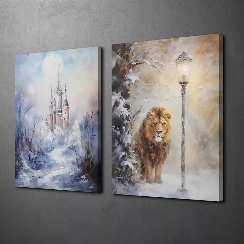 2PCS Forest Castle Lion Watercolor Art Print - 50x75cm Framed Canvas Wall Decor, High Quality Australian Made, Ready to Hang - Perfect for Living Room, Bedroom & Office Decor