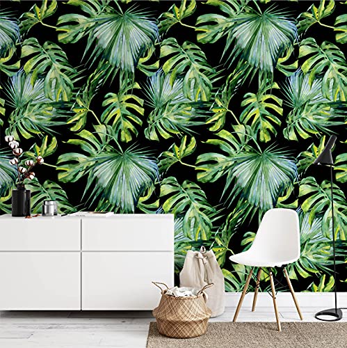 Royal Black & Green Palm Leaves Peel & Stick Wallpaper for Home Decor