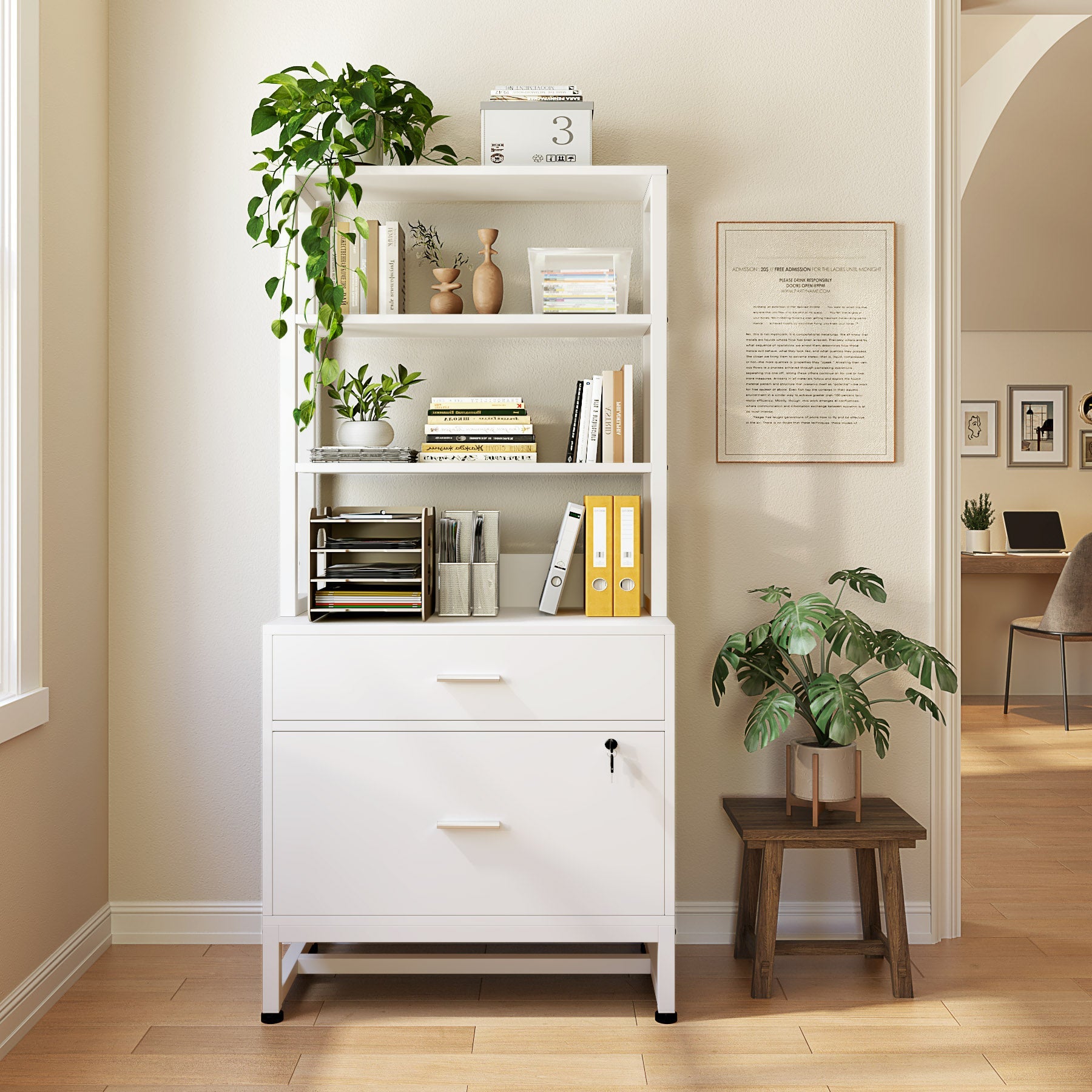 2-Drawer Locking File Cabinet with Bookshelf - Secure Vertical Filing Storage for Office, Home & School Organization
